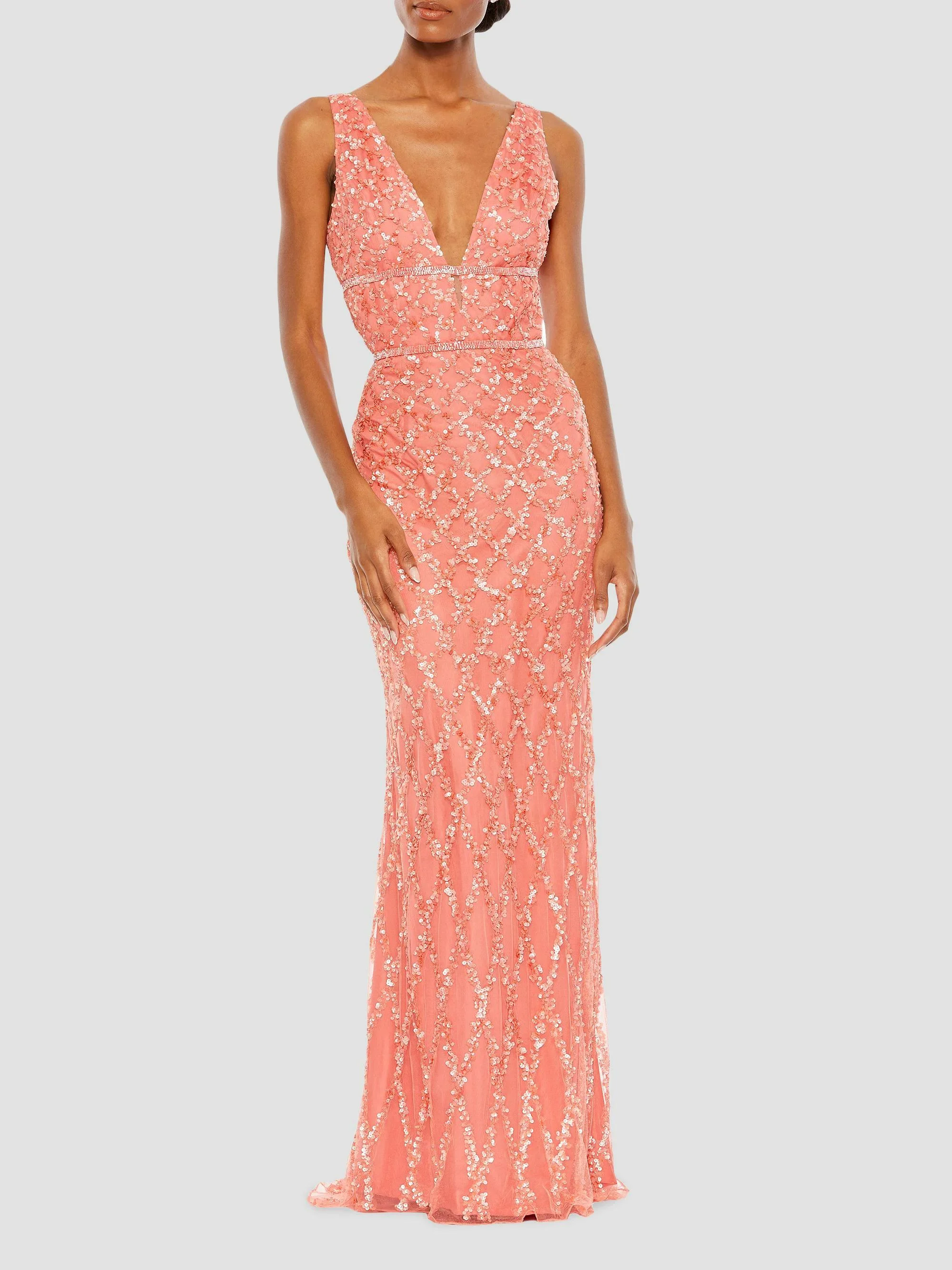 Women's Embellished V-Neck Column Gown - Coral - 1