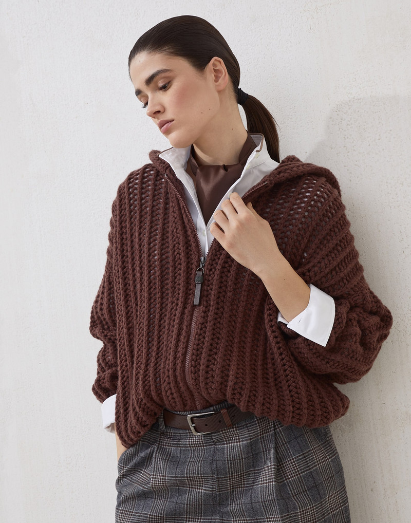 Openwork rib hooded cardigan in cashmere Feather yarn with shiny zipper pull 4