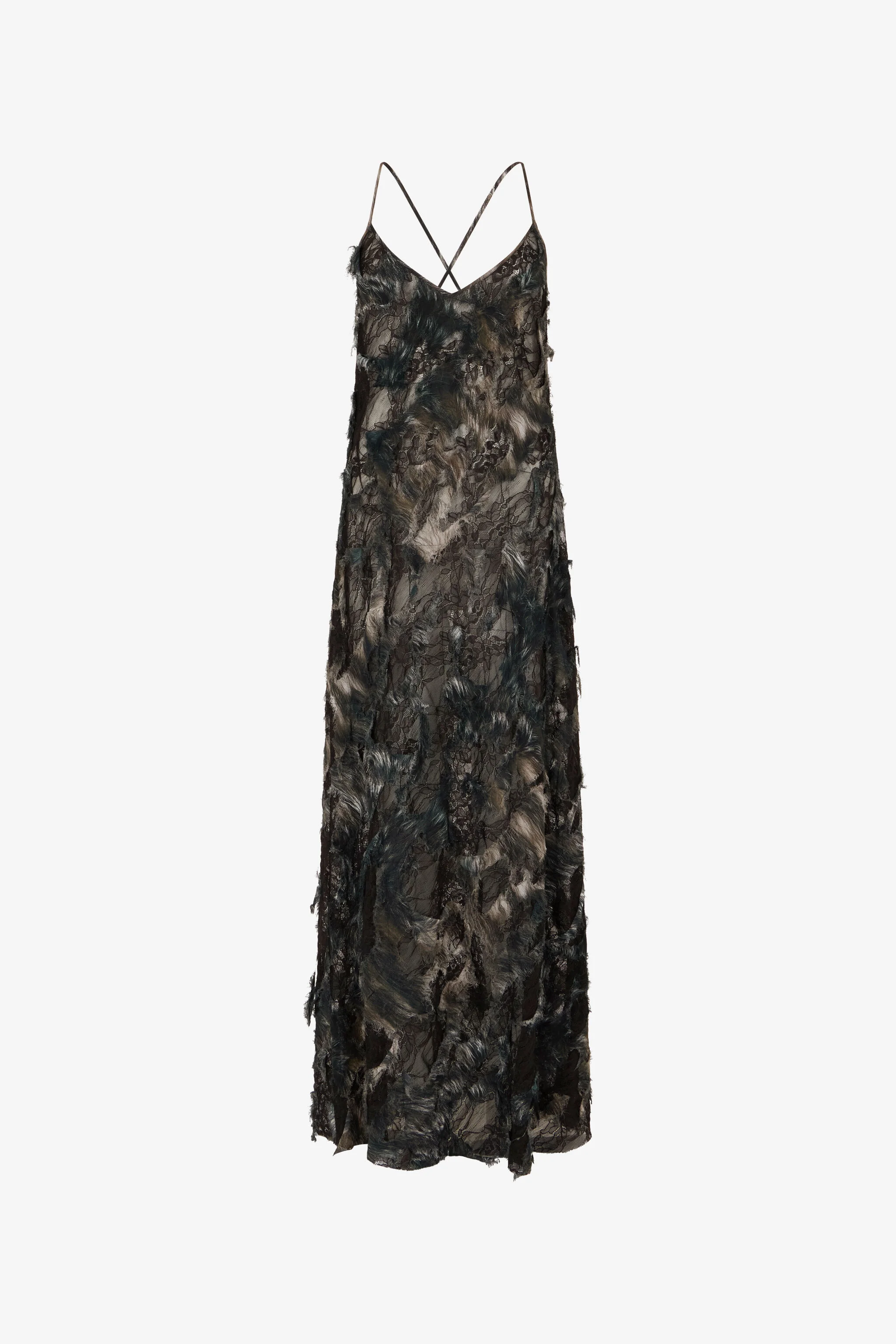 Midi Dress with Fur Print on Destroyed-Effect Lace - 1
