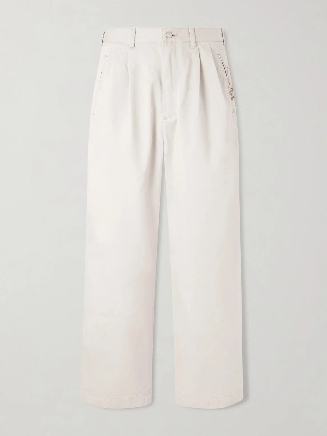 Wide-Leg Logo-Embroidered Pleated Cotton-Twill Chinos - 1