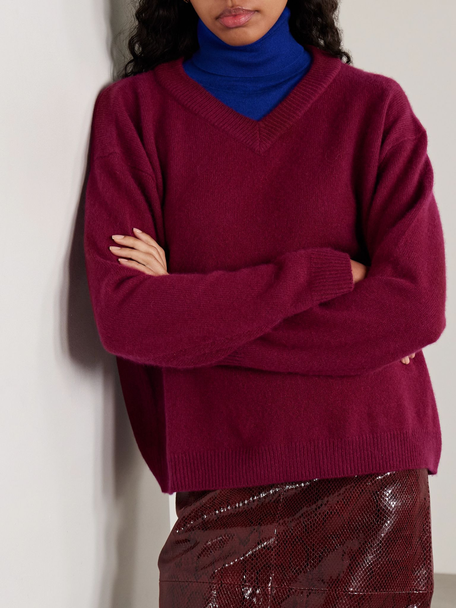 Doris layered two-tone cashmere turtleneck sweater Crimson - 3