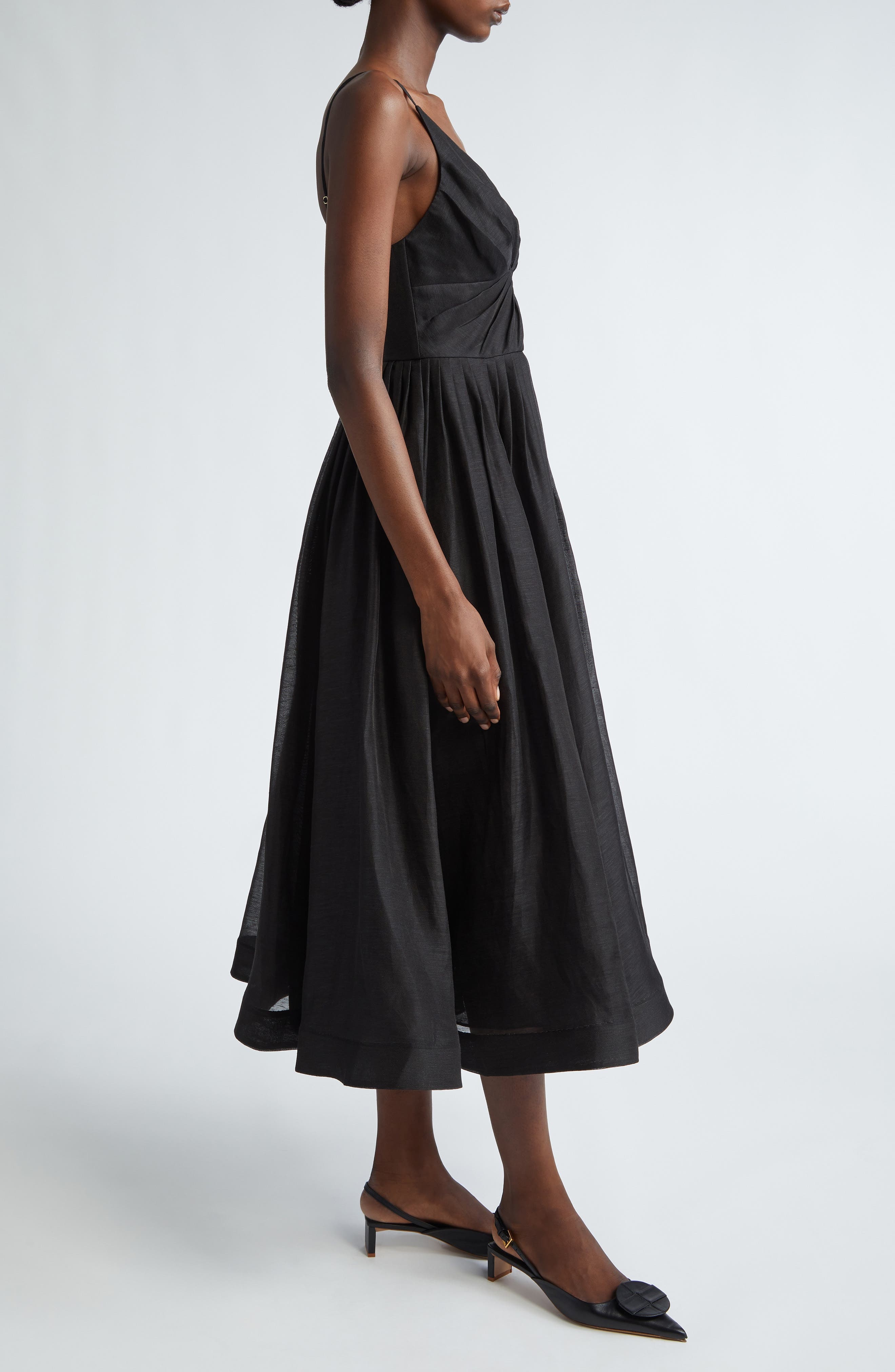 Zimmermann Illustration Plunge Neck Linen & Silk Organza Midi Dress in Black at Nordstrom - 3