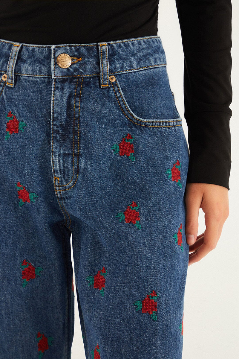 Denim Embroidered Flowers Pants 5