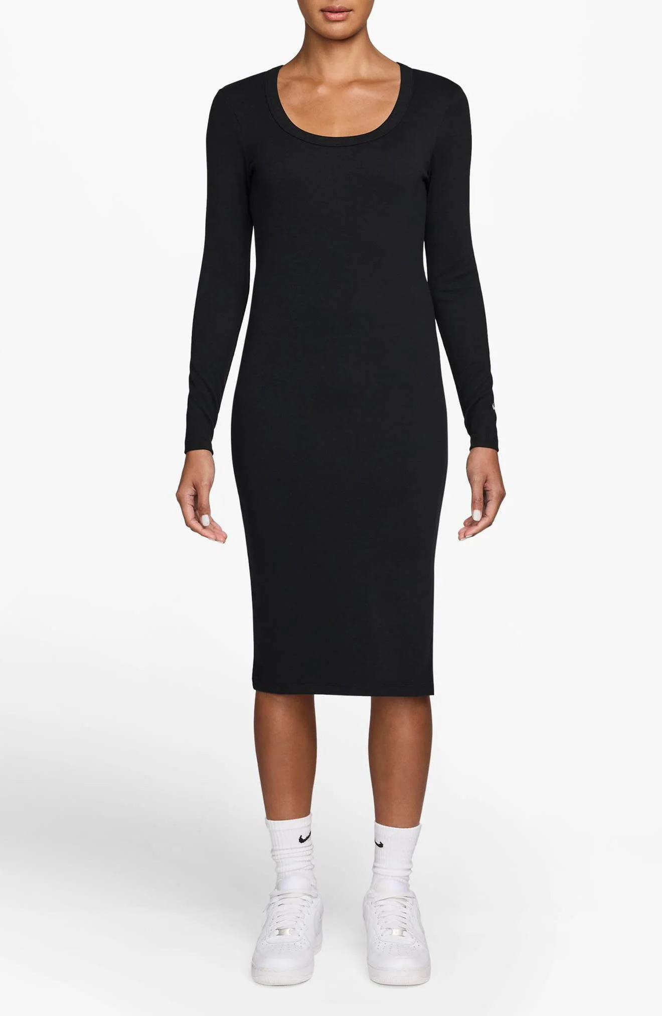 Nike Sportswear Chill Knit Long Sleeve Body-Con Dress in Black/Sail at Nordstrom - 1