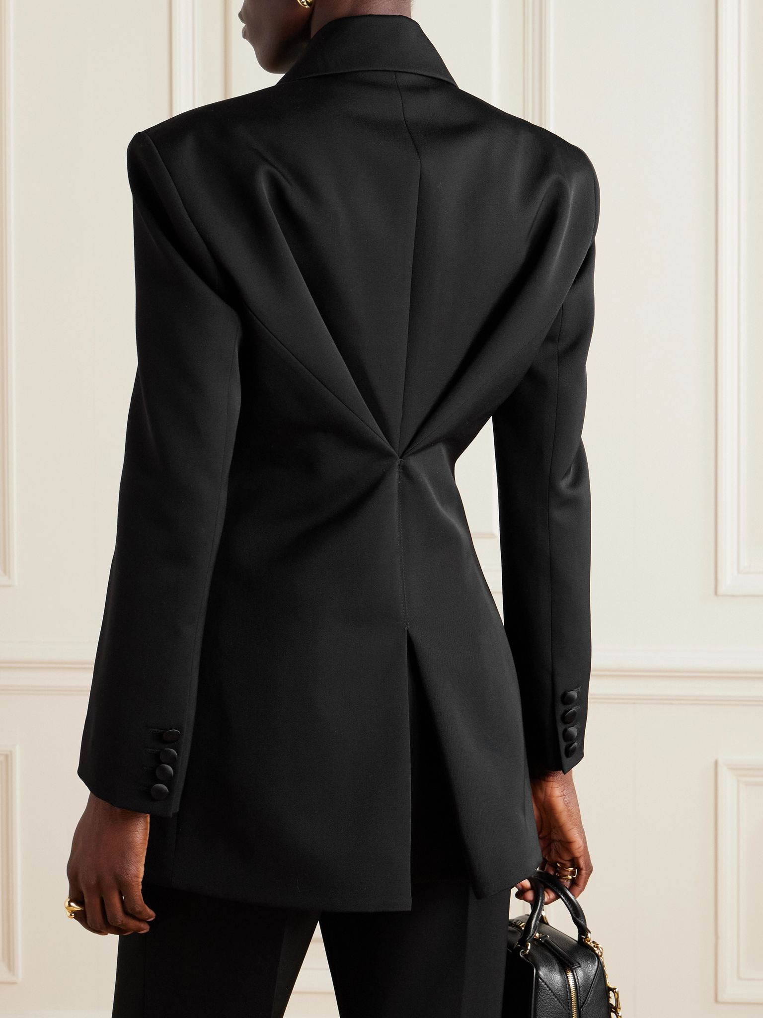 Double-breasted silk-blend satin-trimmed wool-twill blazer Black - 3