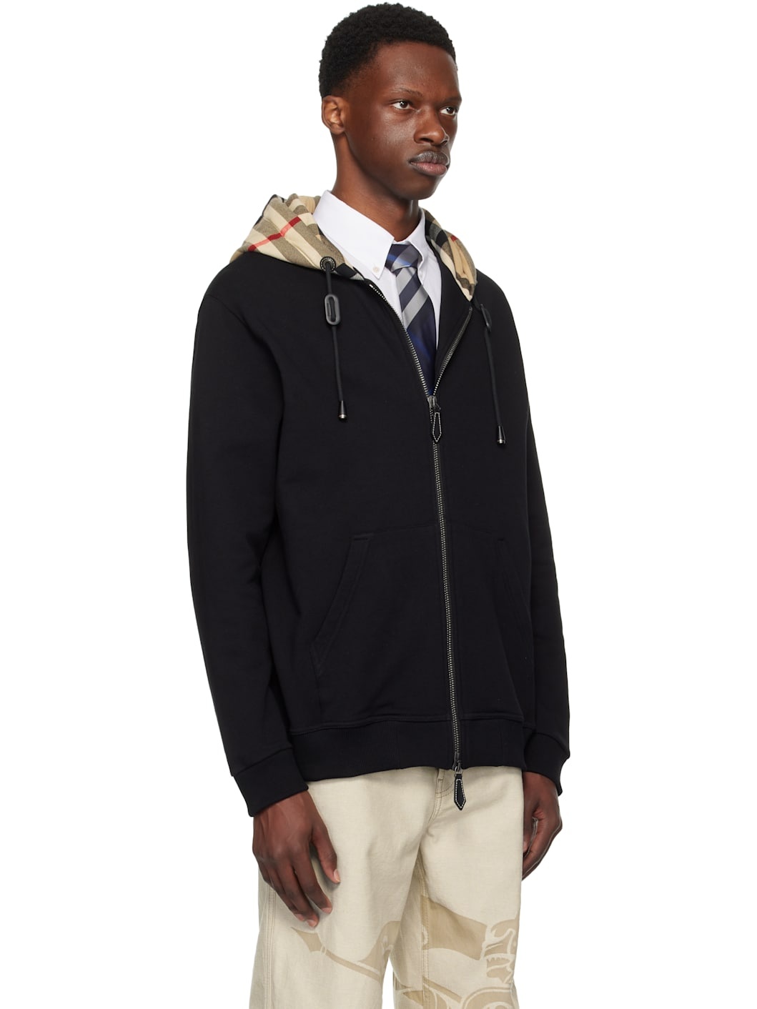 Black Check Hood Cotton Zip Hoodie - 2