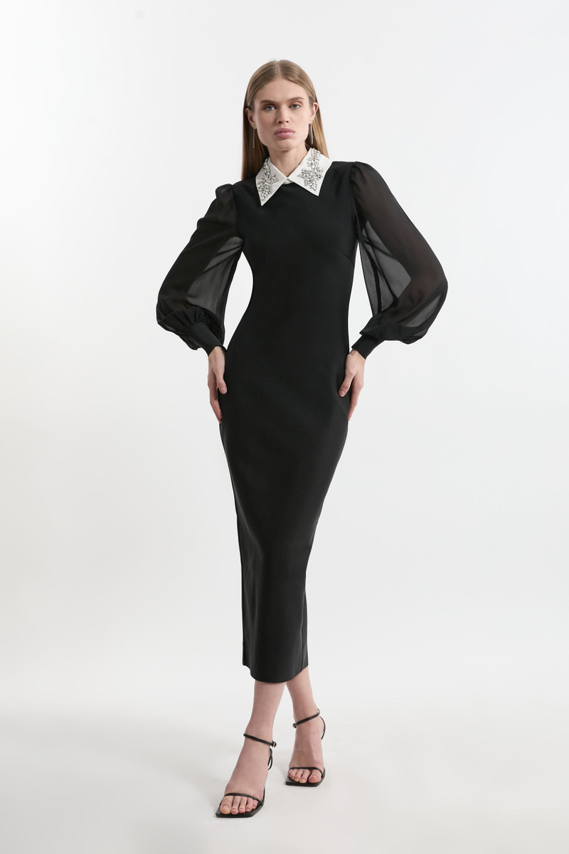 KAREN MILLEN Bandage Collared Knitted Midi Dress With Sheer Sleeve outlook