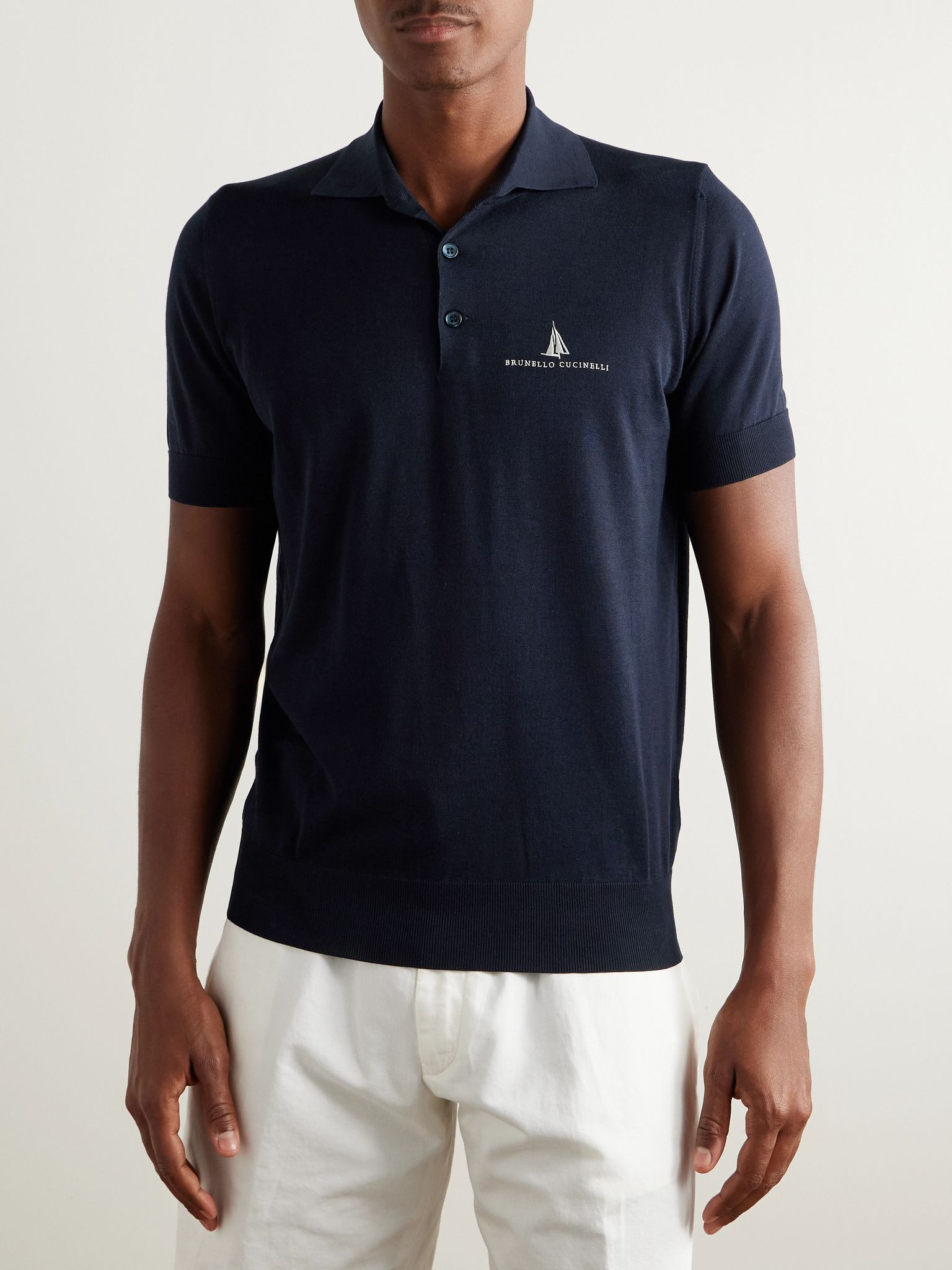 Slim-Fit Logo-Embroidered Silk and Cotton-Blend Polo Shirt Navy - 3