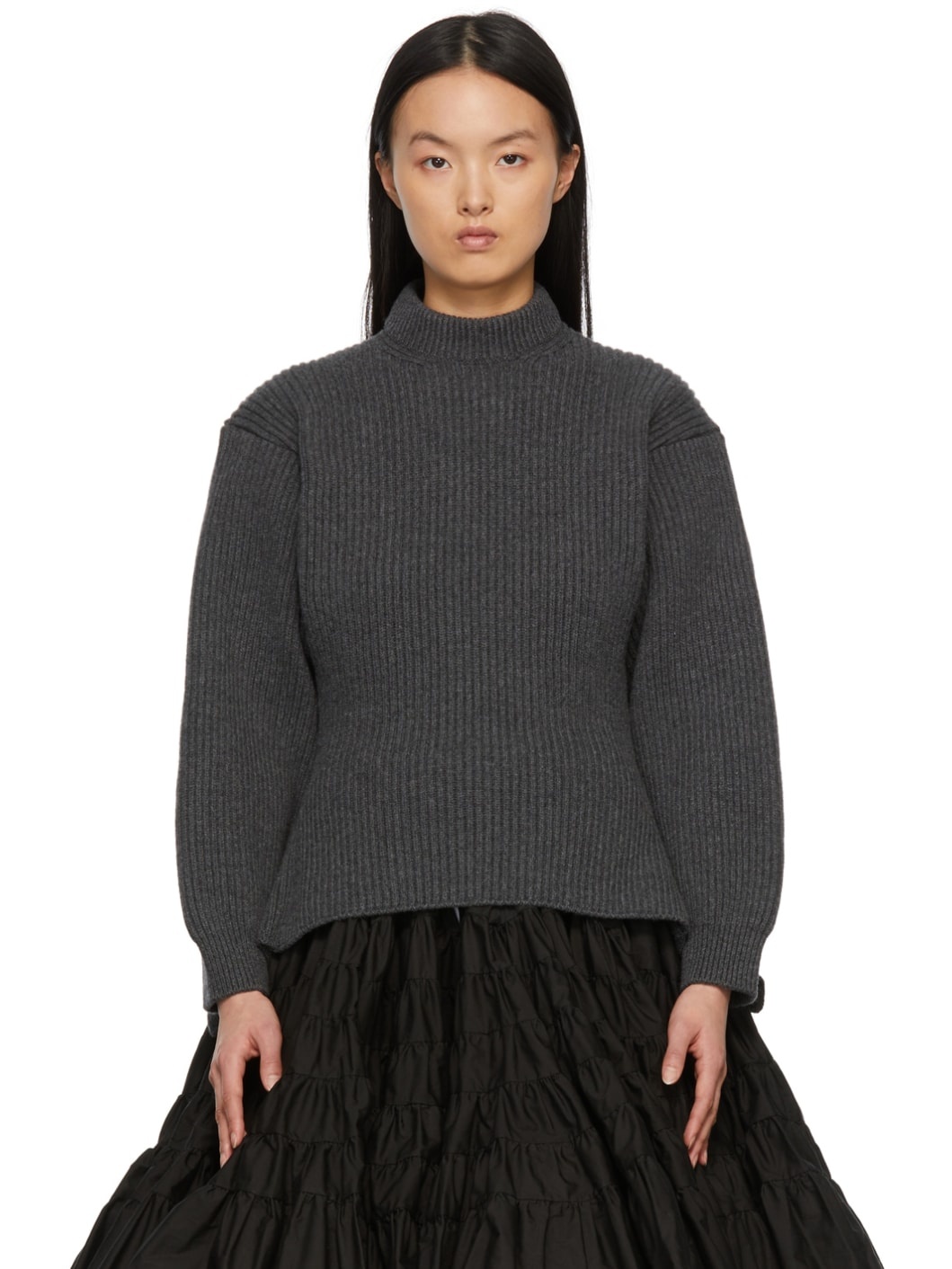 Grey High Neck Rib Knit Sweater - 1
