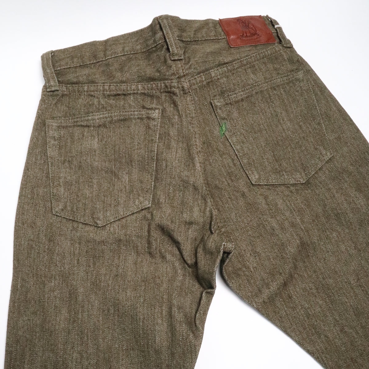 OL-14oz-019 14oz Selvedge Denim Relax Tapered Olive x White - 4