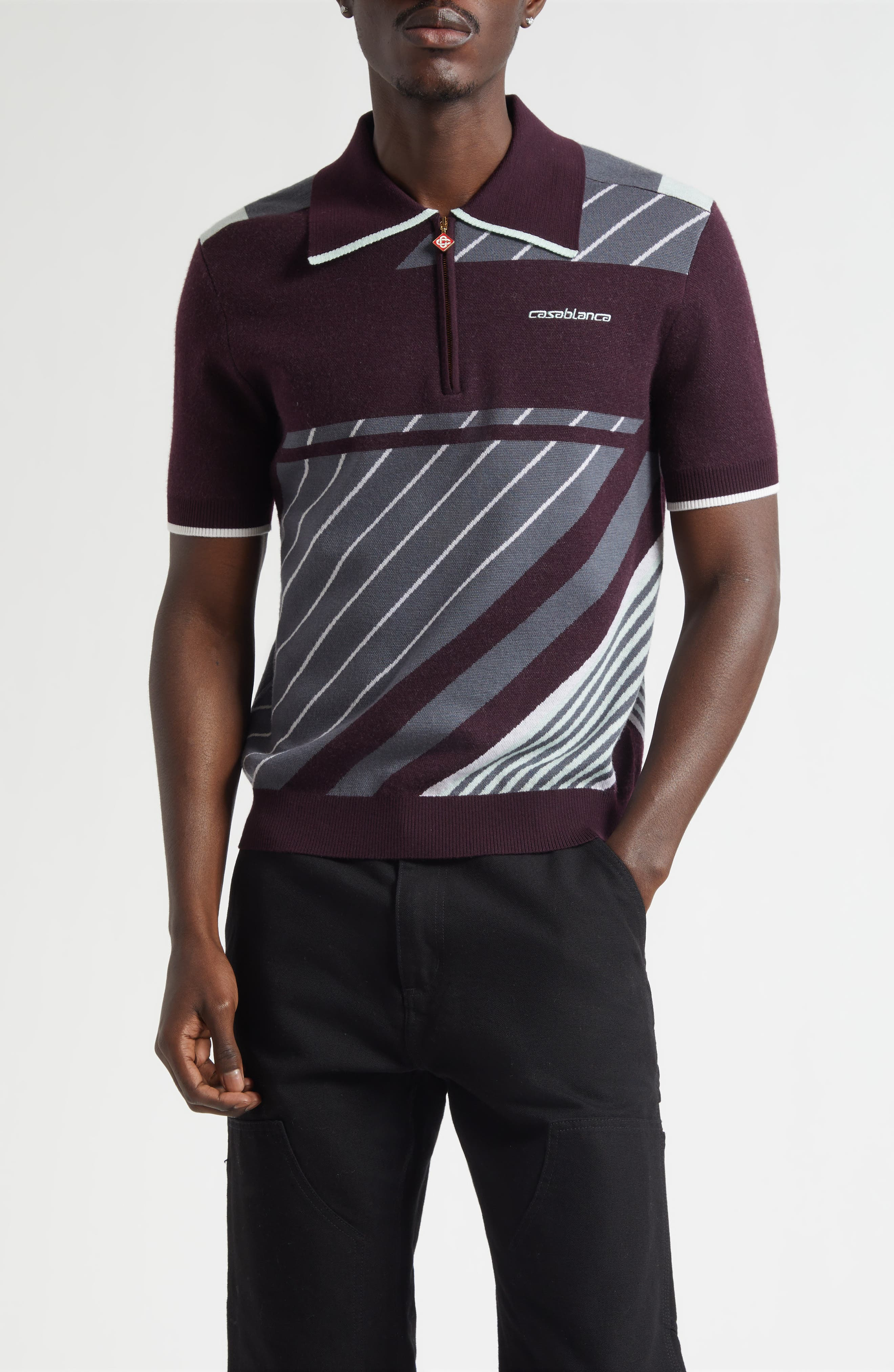 Casablanca Diagonal Stripe Merino Wool Quarter Zip Polo in Aubergine at Nordstrom - 1