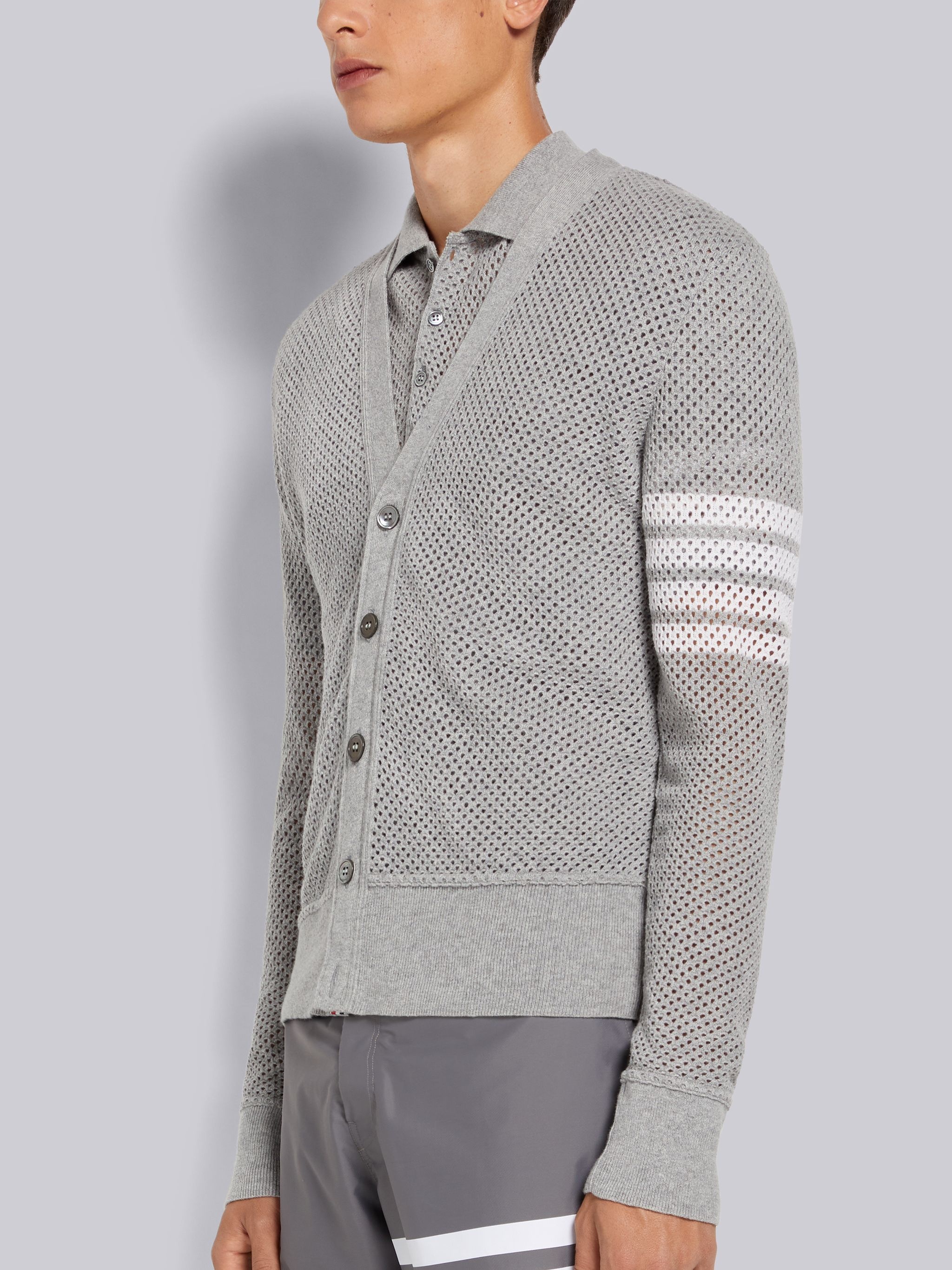 Light Grey Cashmere Mesh 4-Bar V-Neck Cardigan - 2