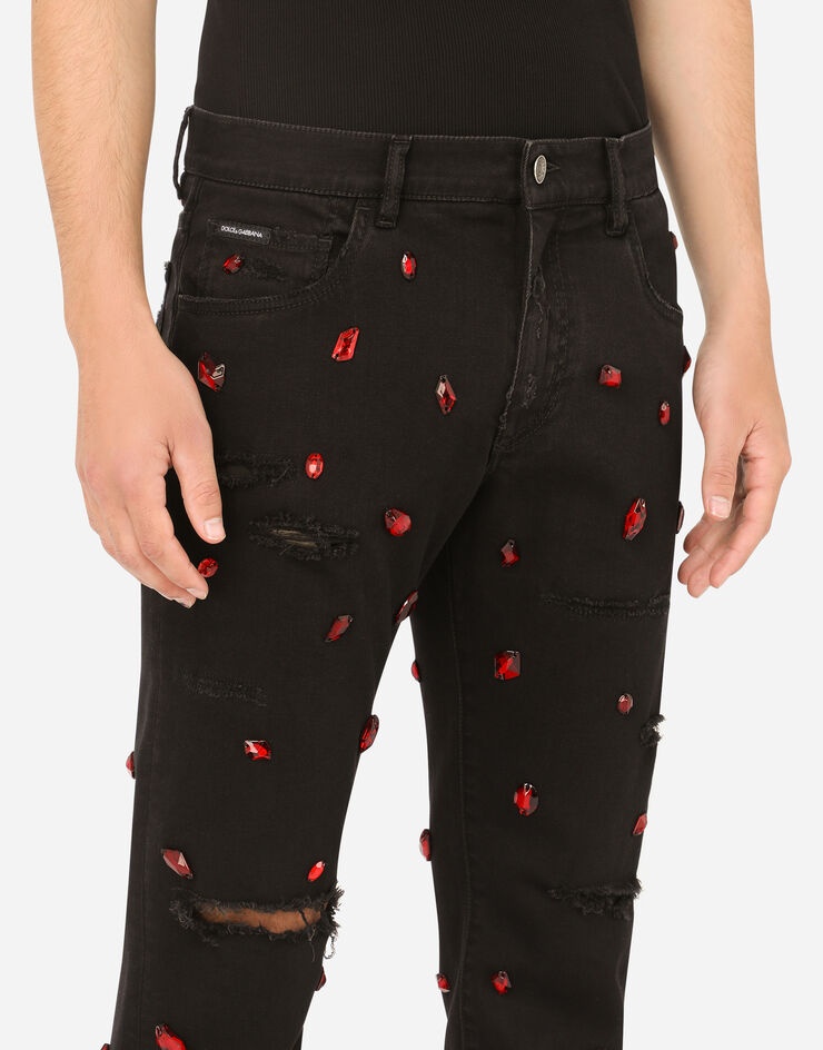 Black slim-fit stretch jeans with rhinestone detailing - 4