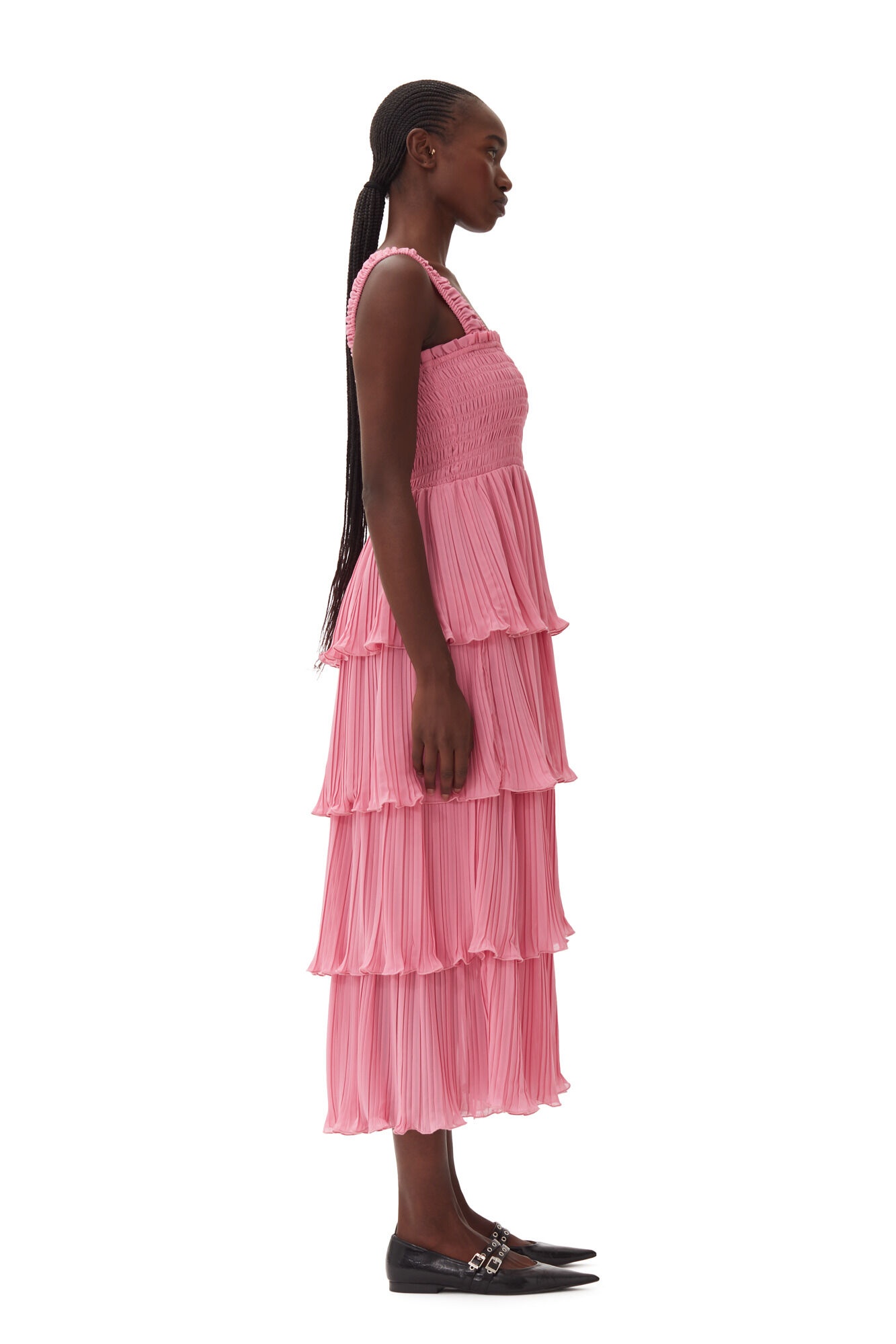 PINK PLEATED GEORGETTE FLOUNCE SMOCK MIDI DRESS - 4