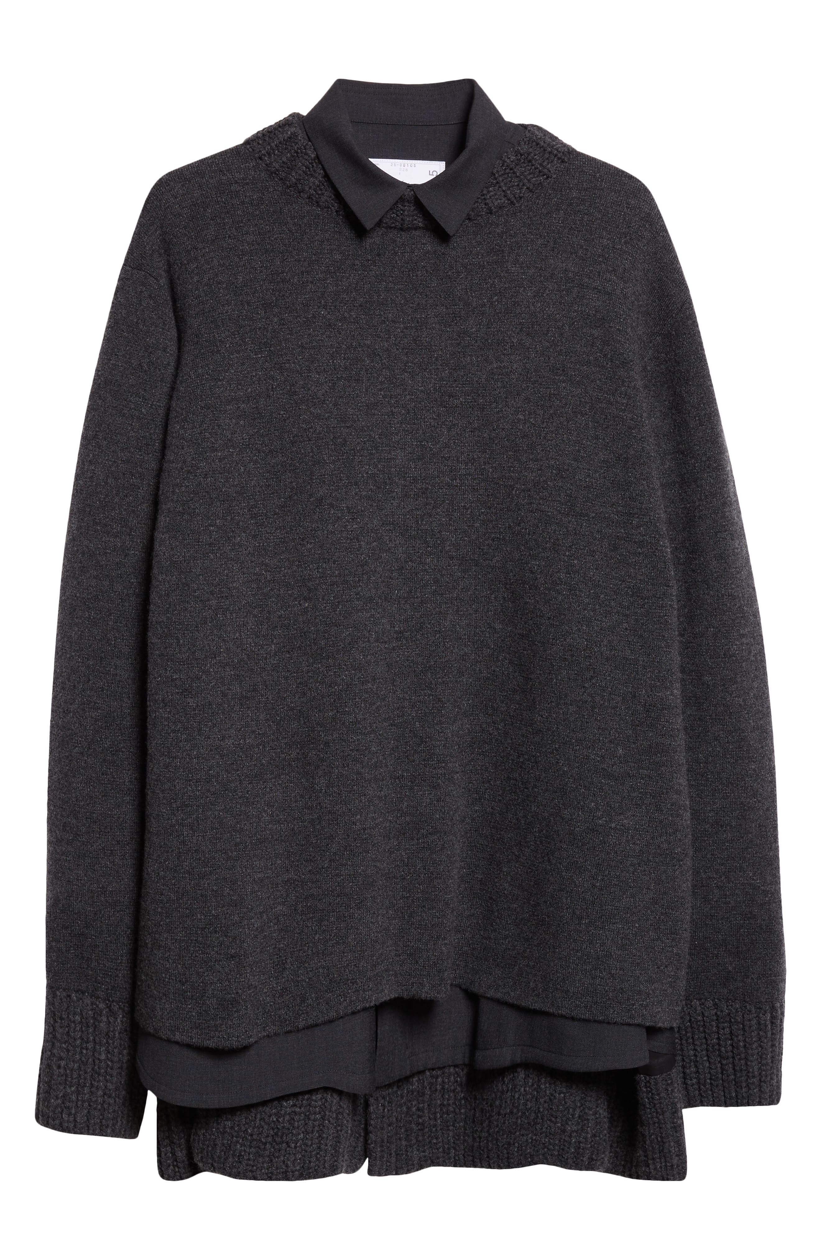 Sacai Mixed Media Long Sleeve Wool Suiting & Knit Sweater Dress in Charcoal Gray at Nordstrom - 5