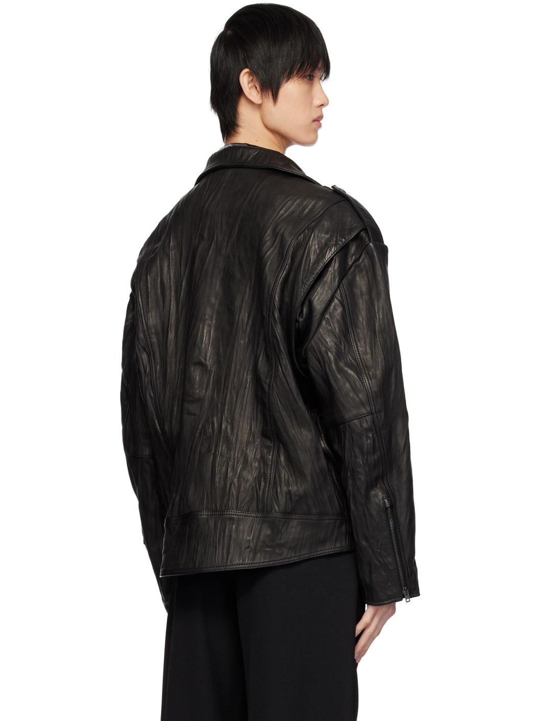 Black Crinkled Leather Jacket - 3