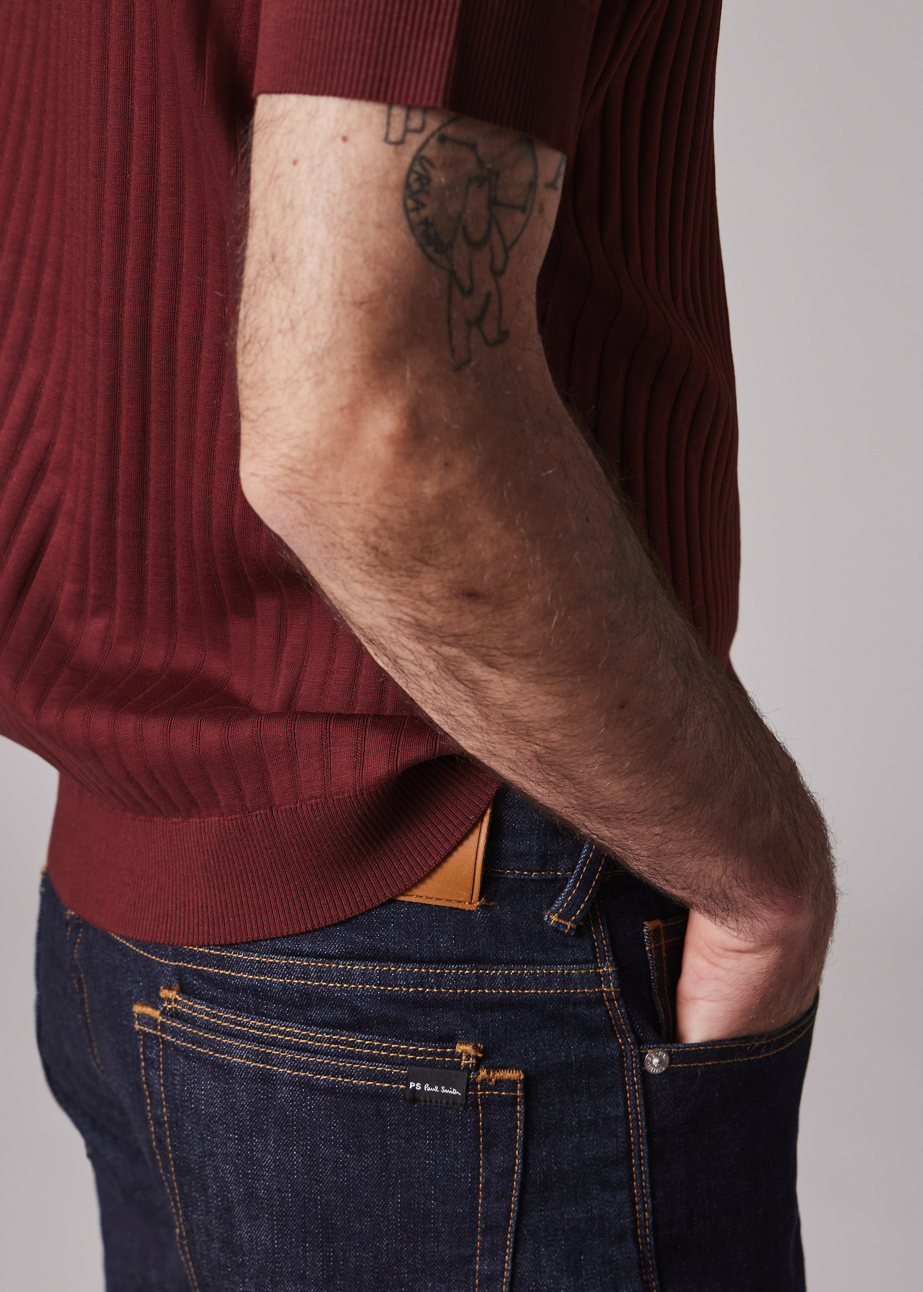 Burgundy Integrated Rib Cotton T-Shirt - 5