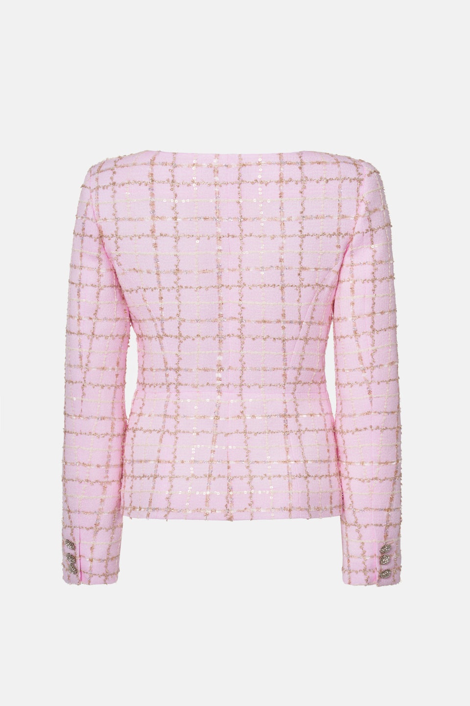 SEQUIN CHECKED TWEED ROUND NECK JACKET - 2