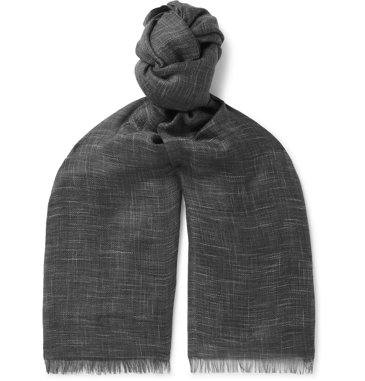 Brina Fringed Herringbone Mélange Cashmere and Silk-Blend Scarf - 1