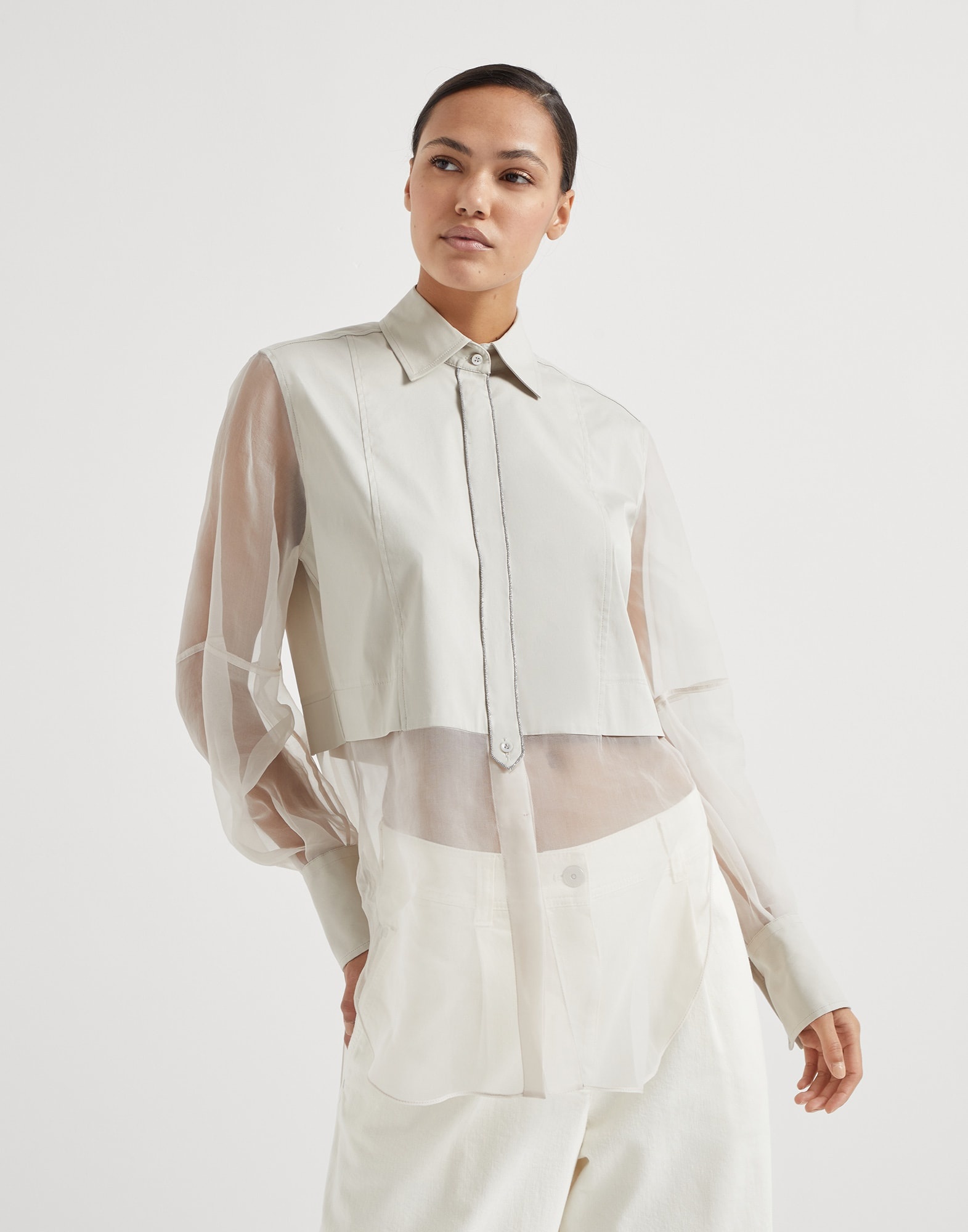 Stretch cotton poplin and crispy silk shirt with shiny trims - 1