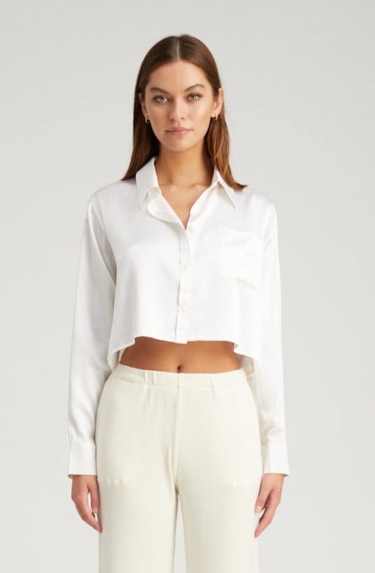 WHITE SILK CROPPED BUTTON DOWN - 1