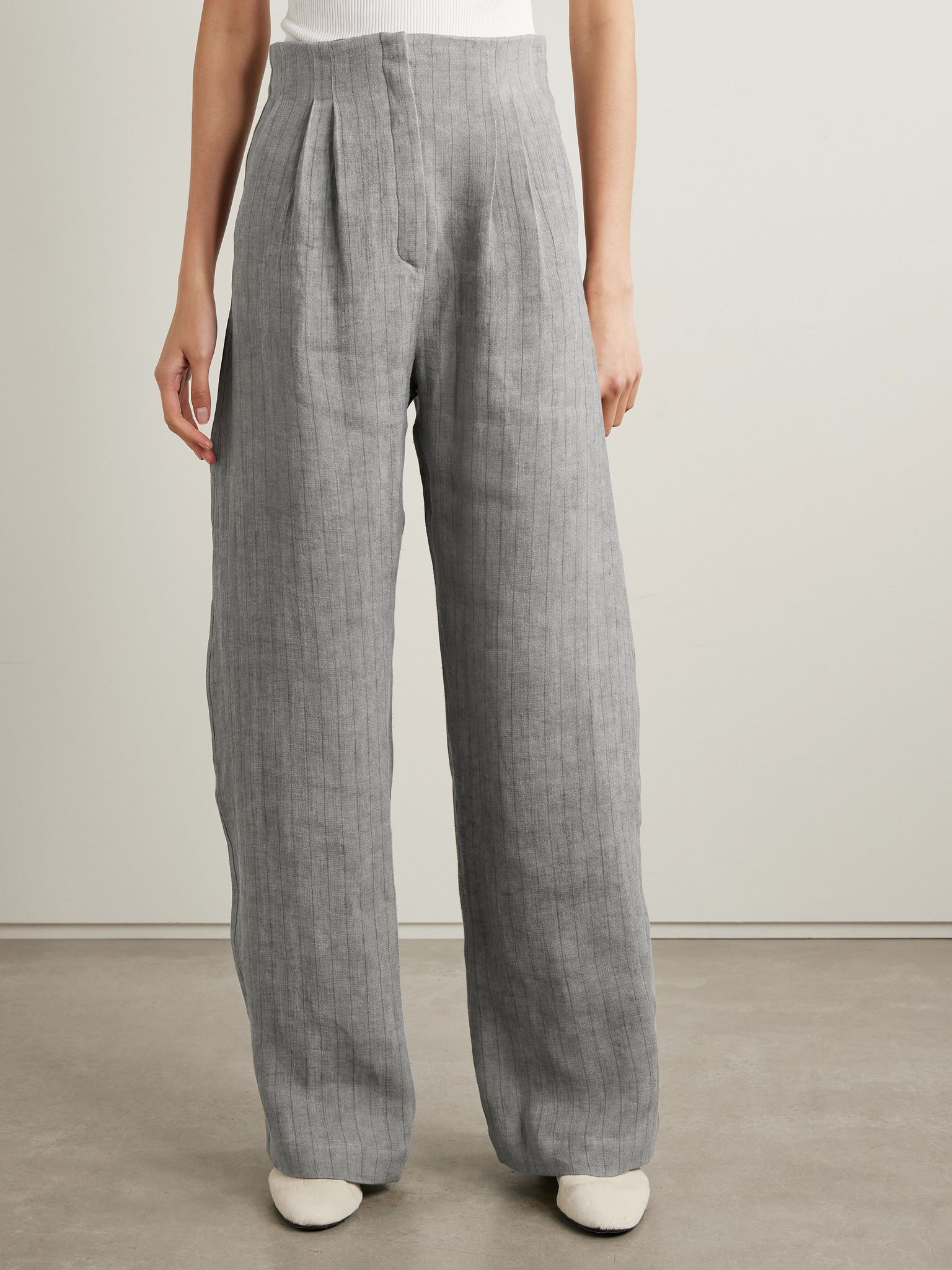 Lupe pleated striped linen wide-leg pants Gray - 3