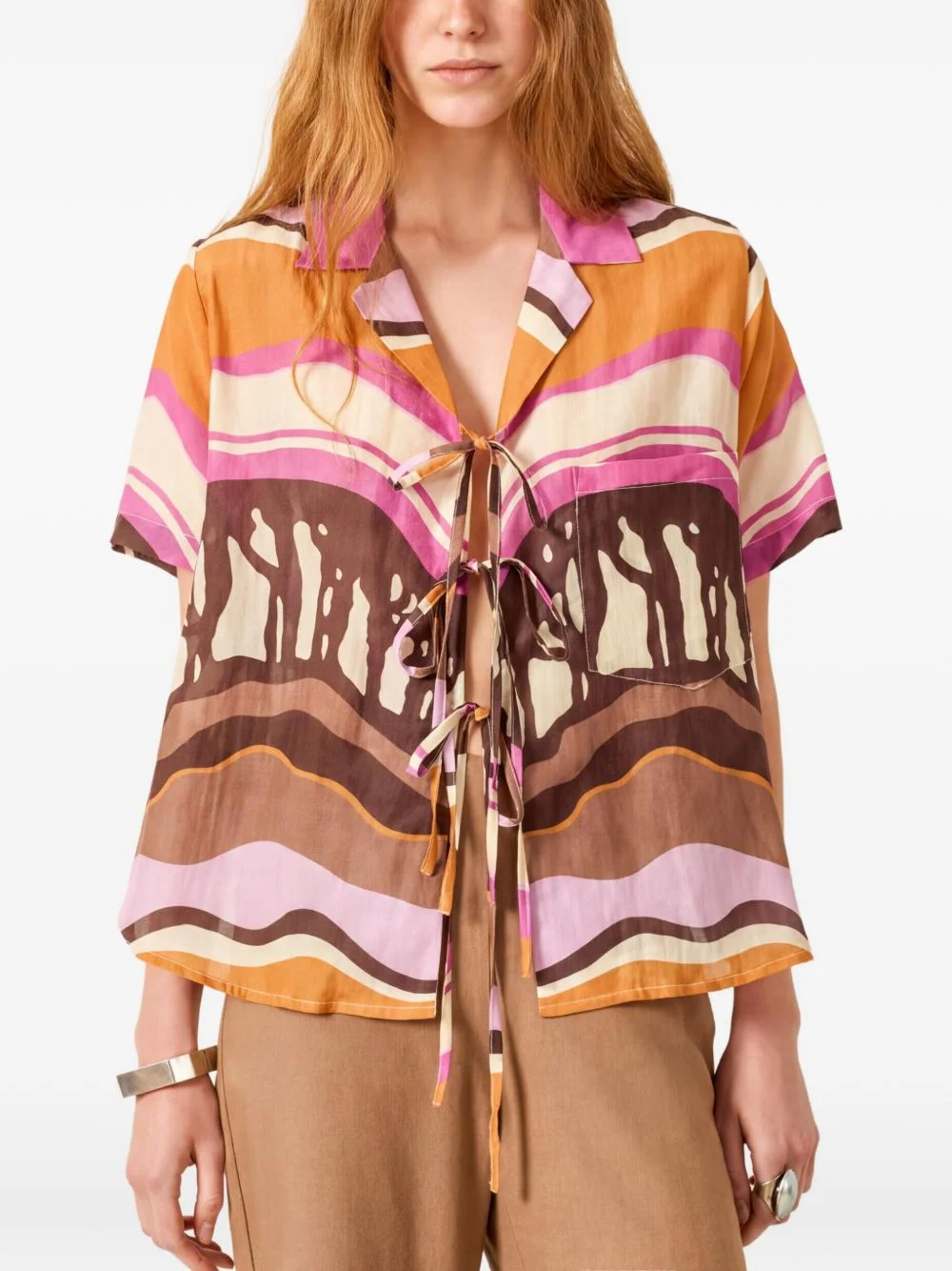 abstract-print tie-fastening shirt - 1