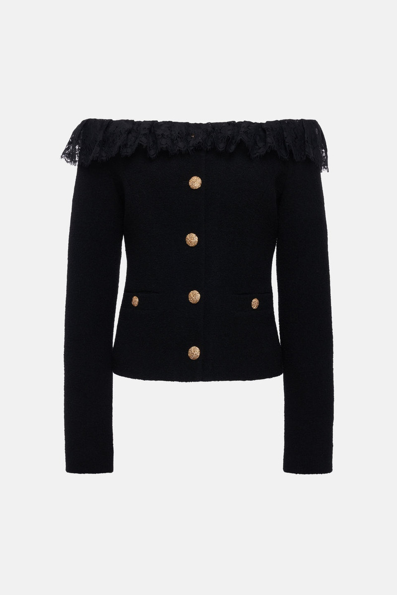 TWEED BOUCLE OFF THE SHOULDER JACKET W/LACE RUFFLE - 1