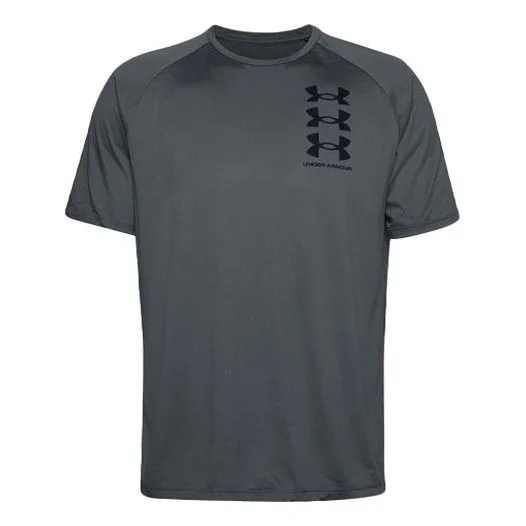 Men's Under Armour Tech Triple Logo Printing Sports Round Neck Short Sleeve Gray 1361504-012 - 1