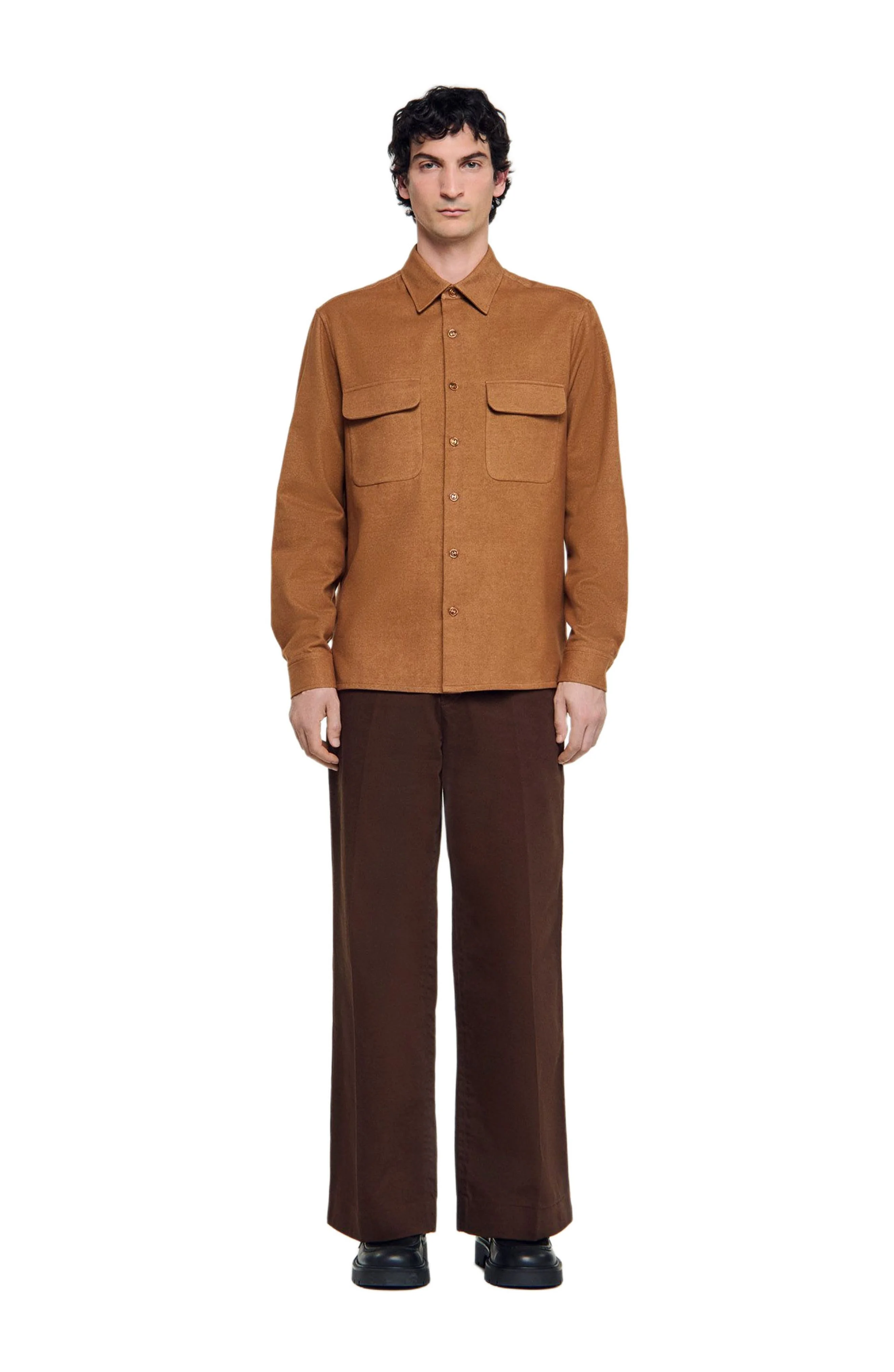 SANDRO Flap pocket flannel shirt in Camel at Nordstrom - 1