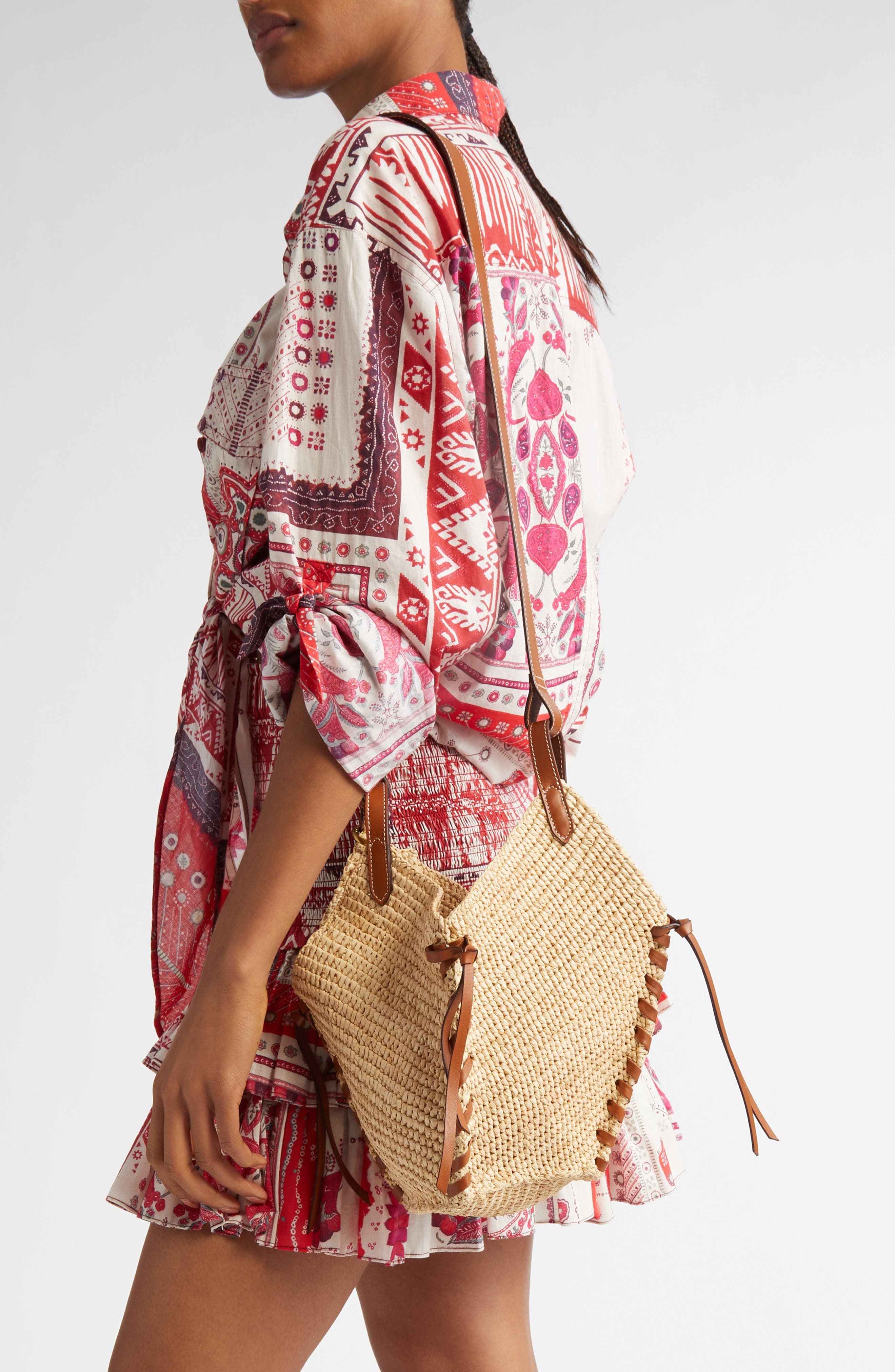 Isabel Marant Mini Tampa Woven Raffia Shoulder Bag in Natural/Cognac at Nordstrom - 2