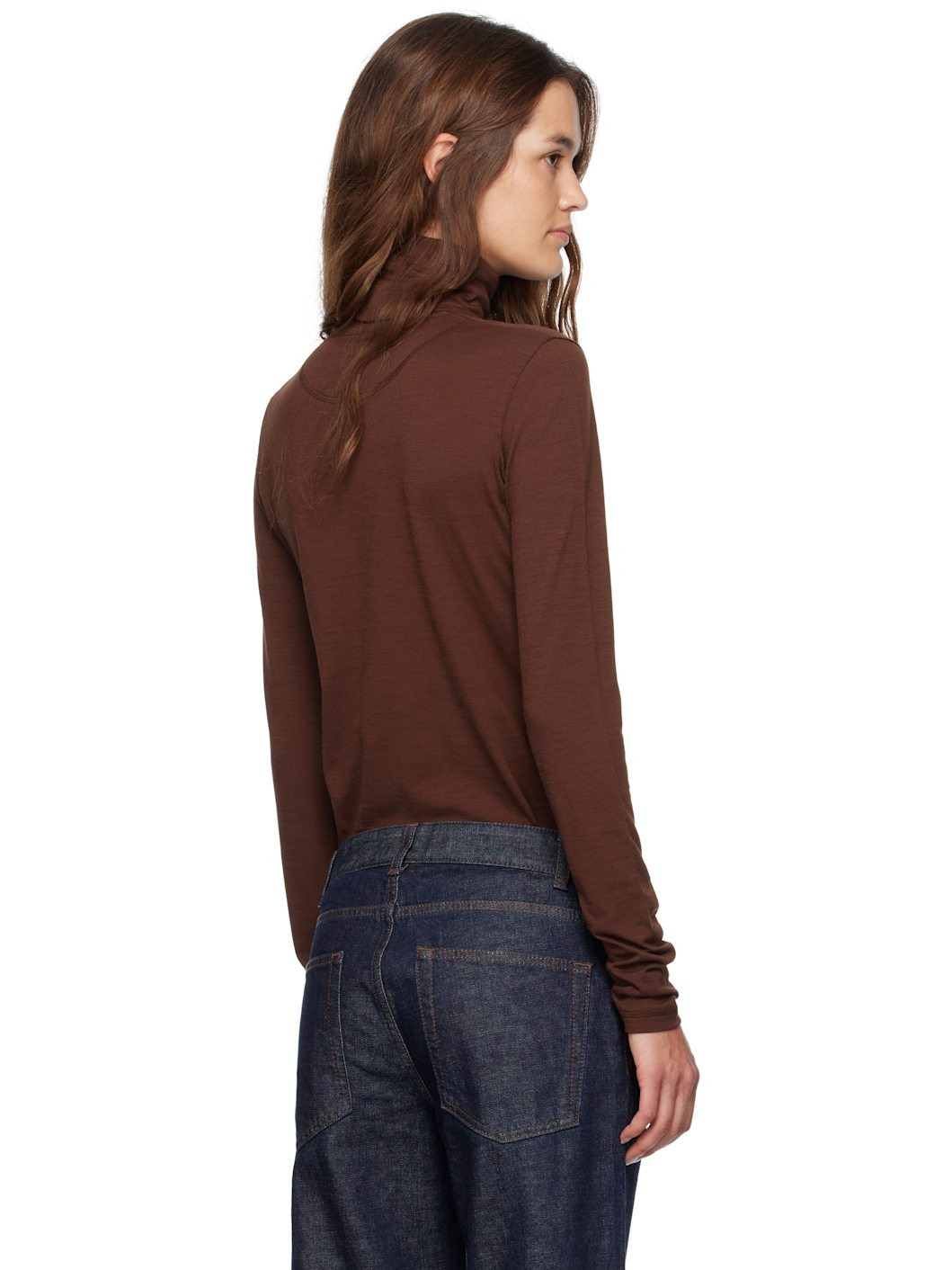 Brown Lightweight Wool Blend High-Neck T-Shirt - 3