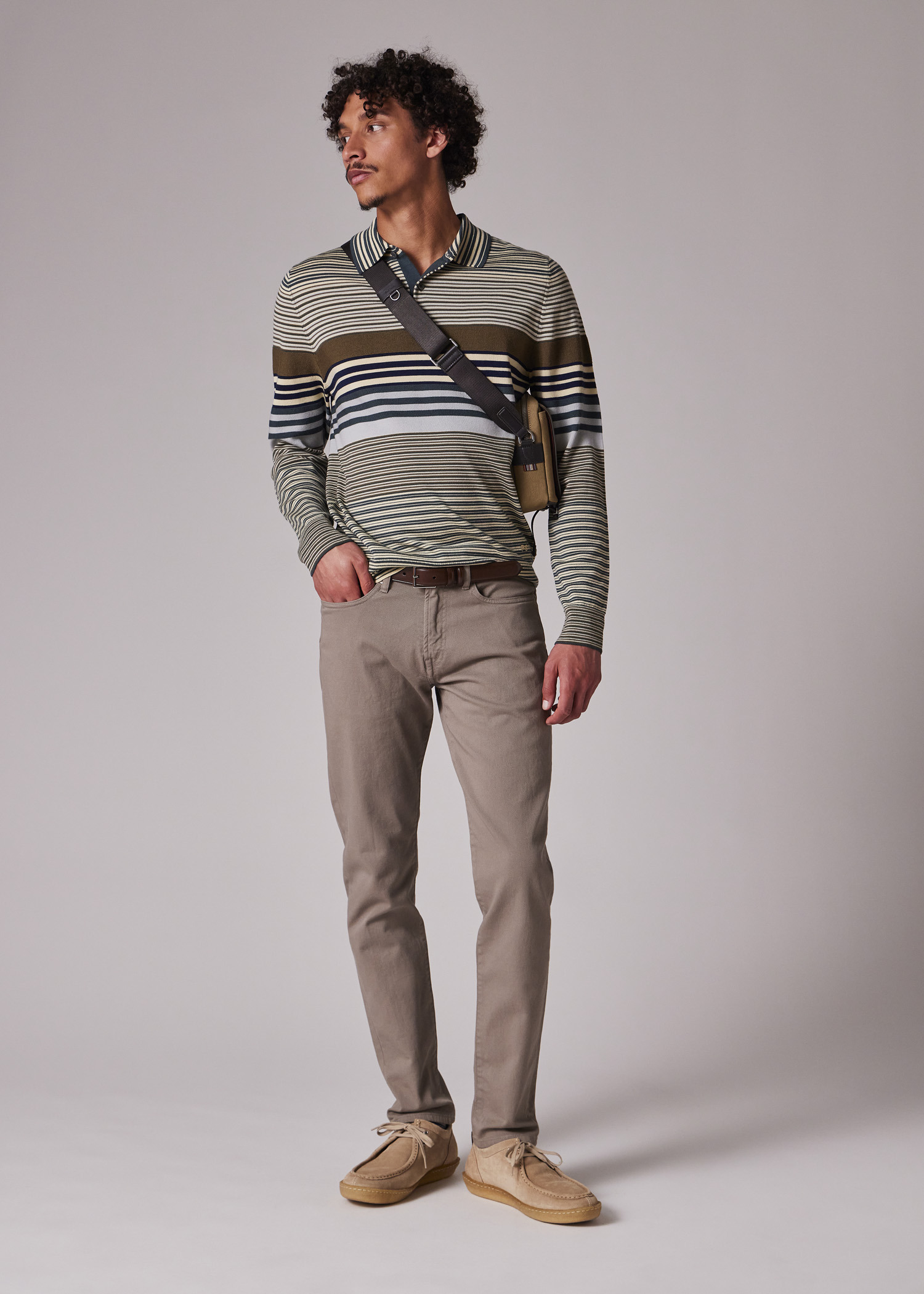 Khaki Merino Wool Stripe Long-Sleeve Polo Shirt - 6
