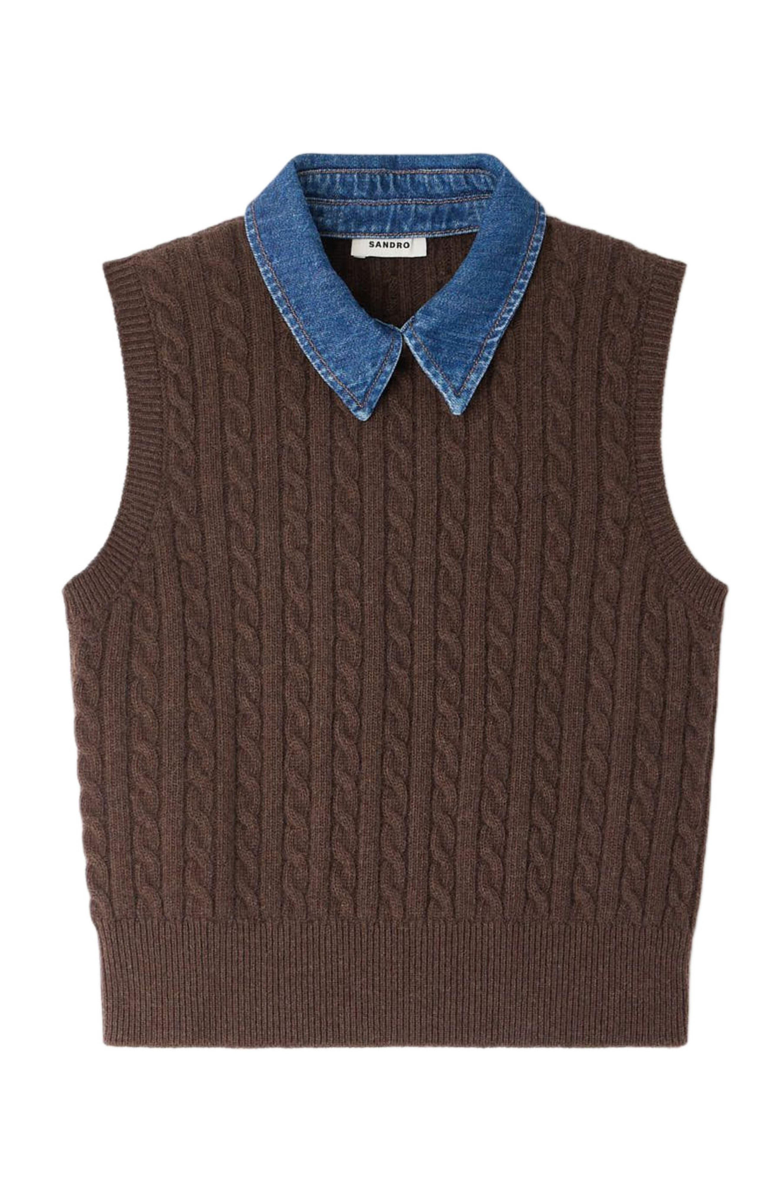 SANDRO Knit and denim sweater in Brown at Nordstrom - 5