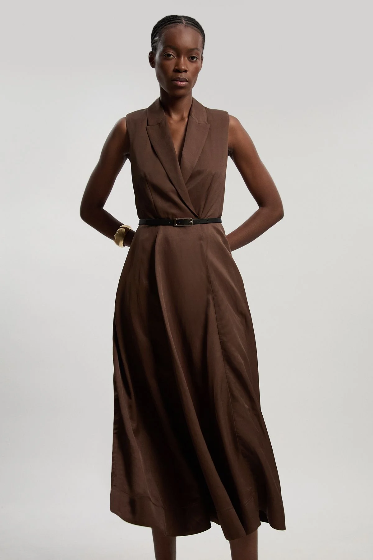 Premium Viscose Linen Tailored Belted Full Skirted Midi Dress - 1