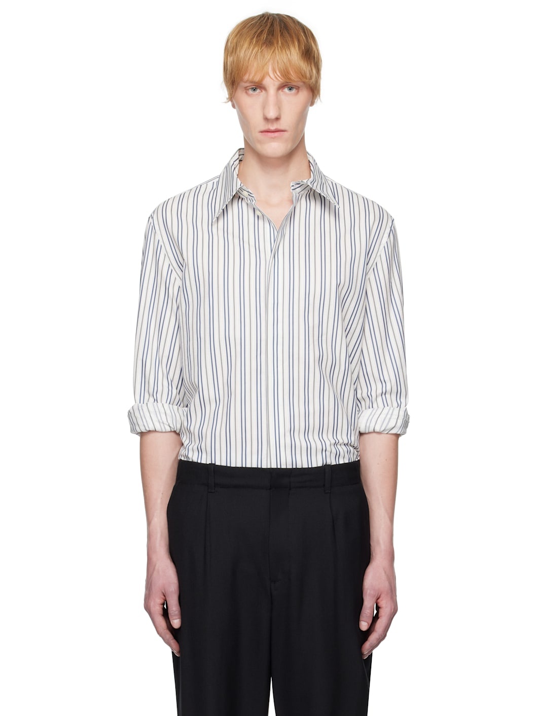 Off-White & Navy Regenerated Striped Poplin Button Up Shirt - 1