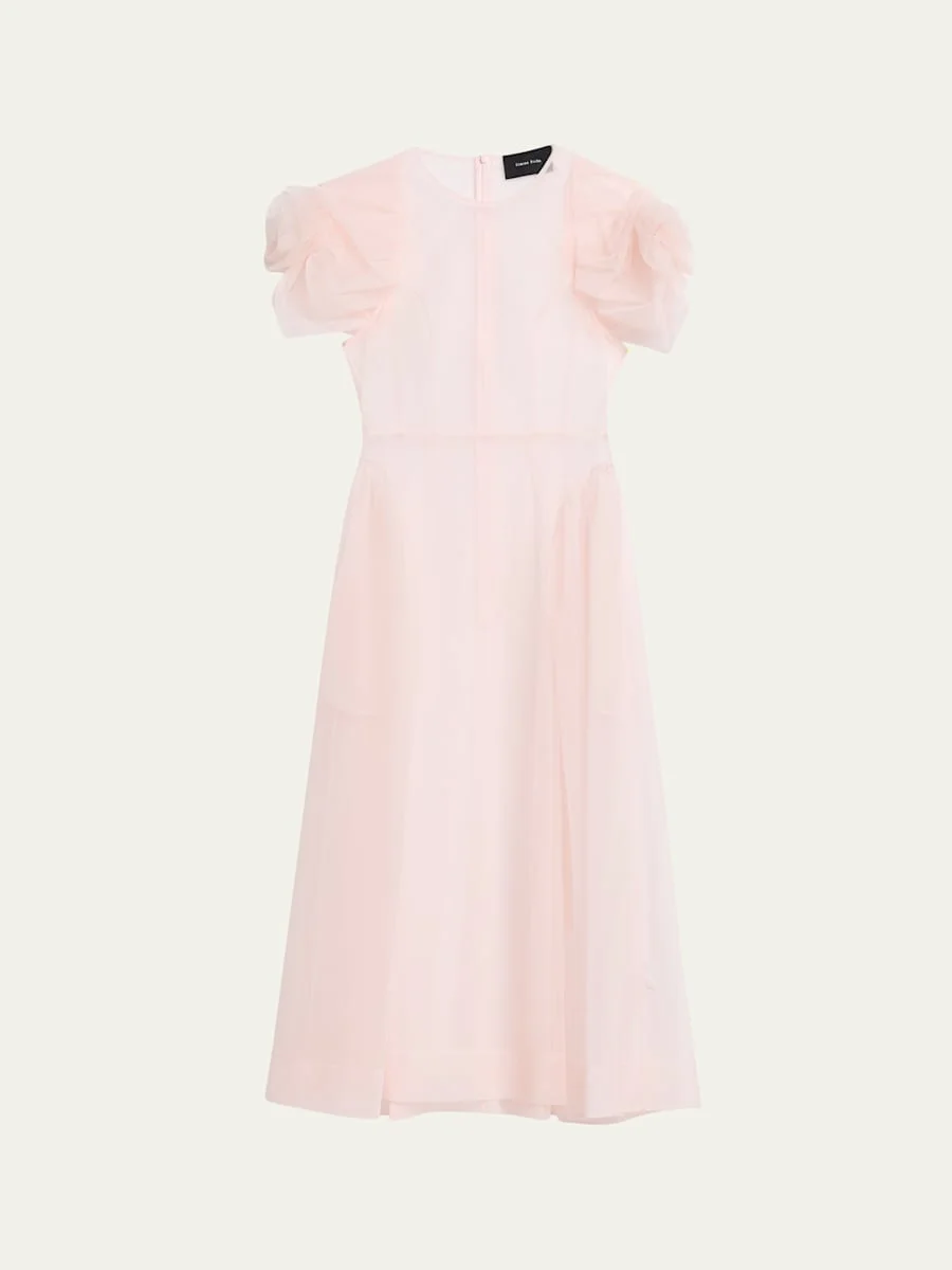 Rose Puff-Sleeve Sheer Tulle Fit-&-Flare Midi Dress - 1