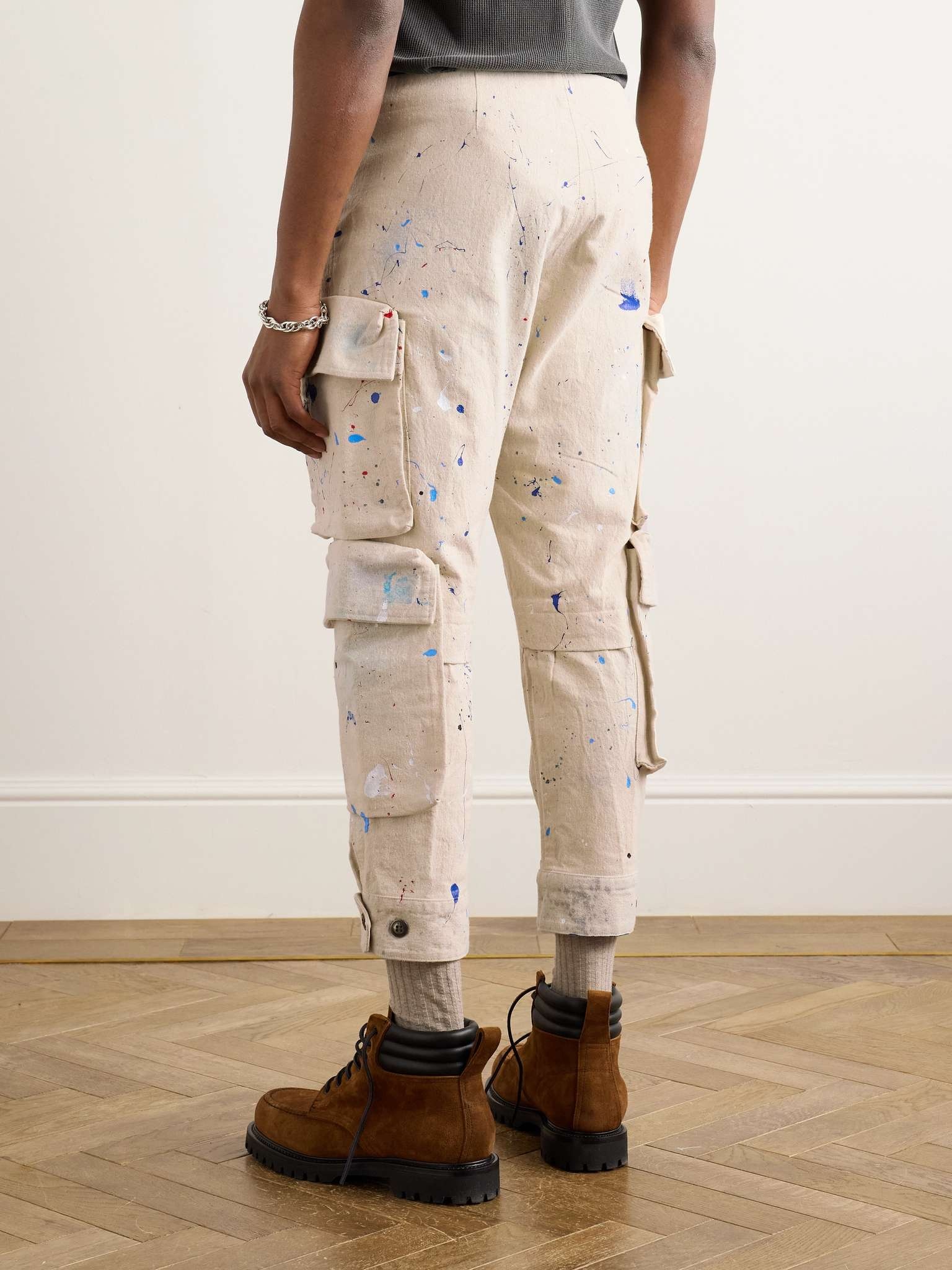Tapered Cropped Paint-Splattered Cotton-Canvas Drawstring Cargo Trousers - 4