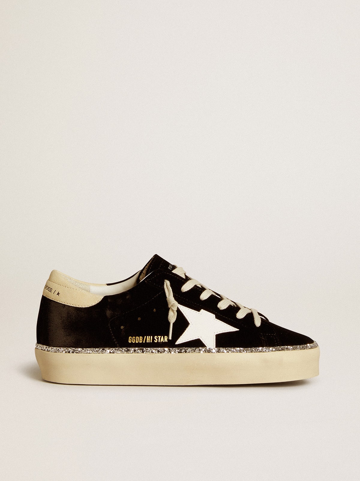 Golden Goose Hi Star in black velvet with white leather star