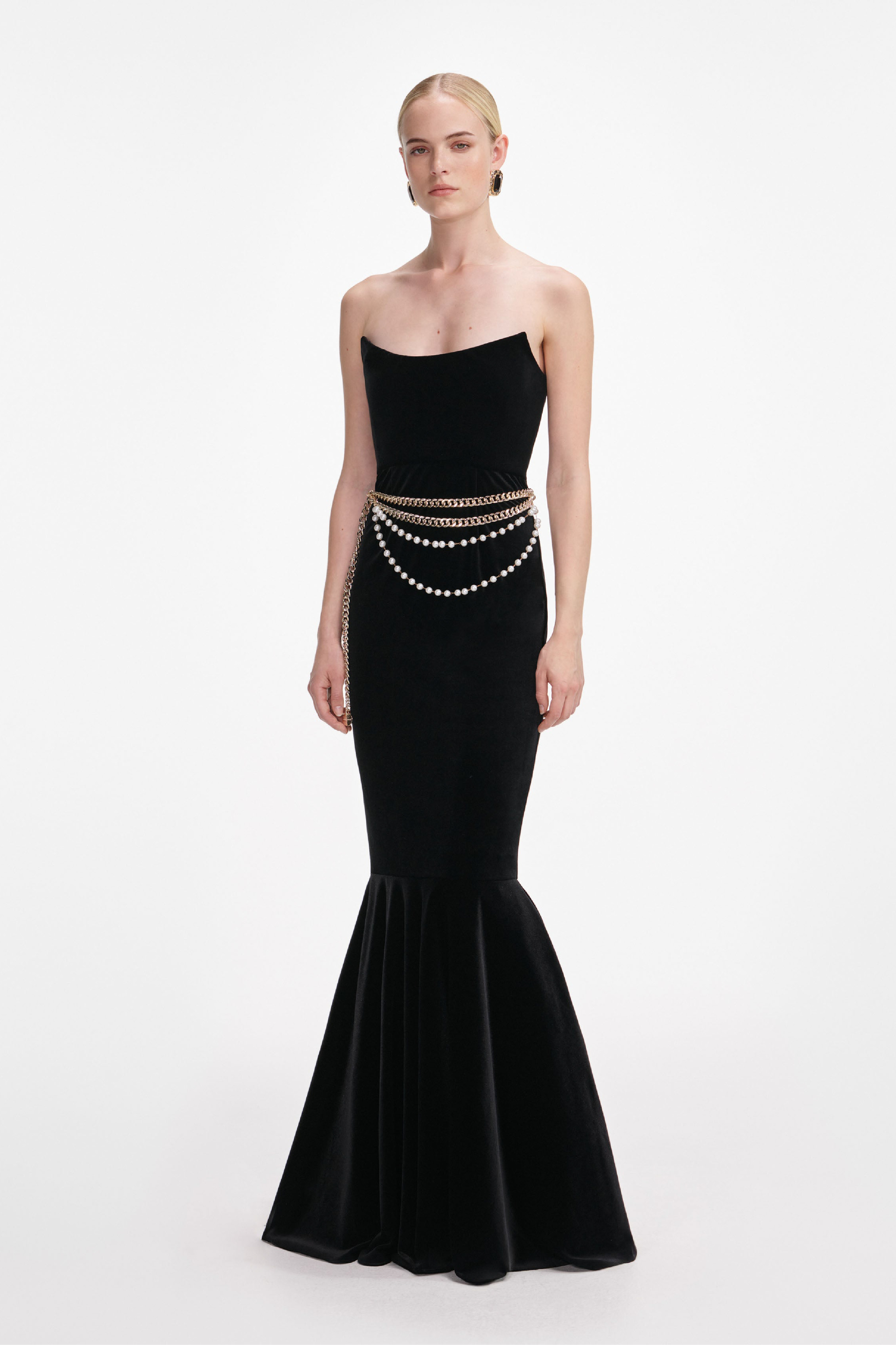 BLACK VELVET CHAIN BELT MAXI DRESS - 2
