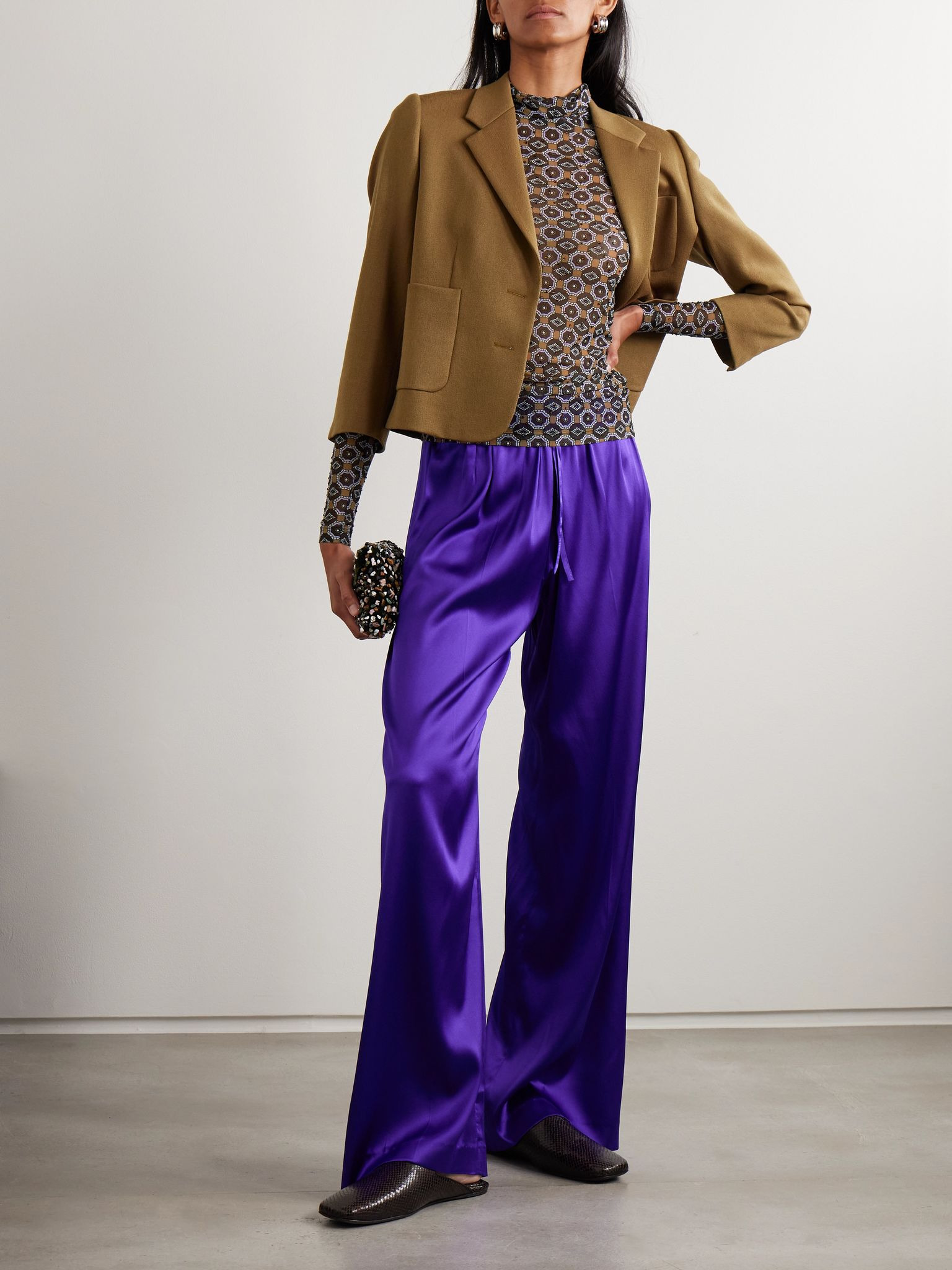 Crystal-embellished printed stretch-mesh turtleneck top Brown - 2