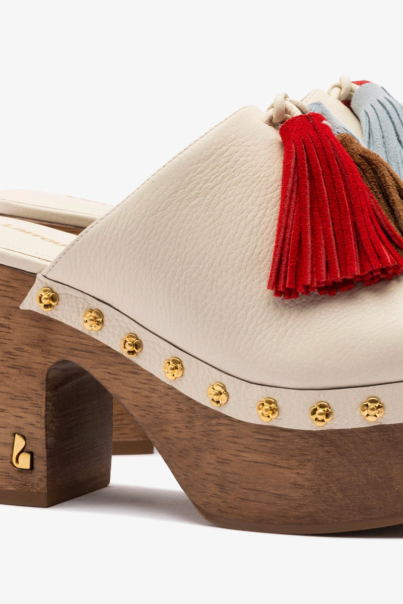 Miso Wooden Tassel Clog In Ivory Leather 4