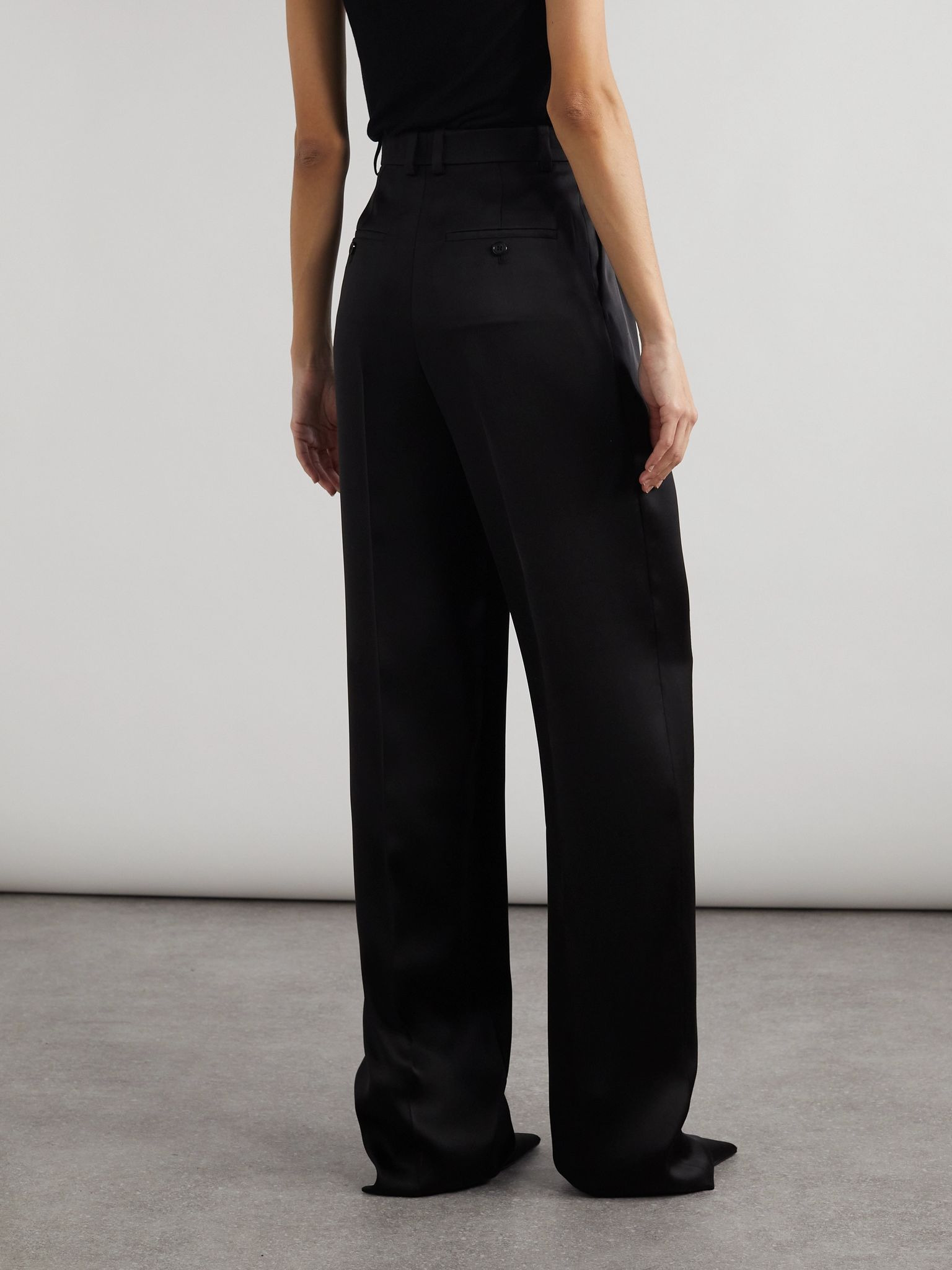 Pleated silk-satin straight-leg pants Black - 4