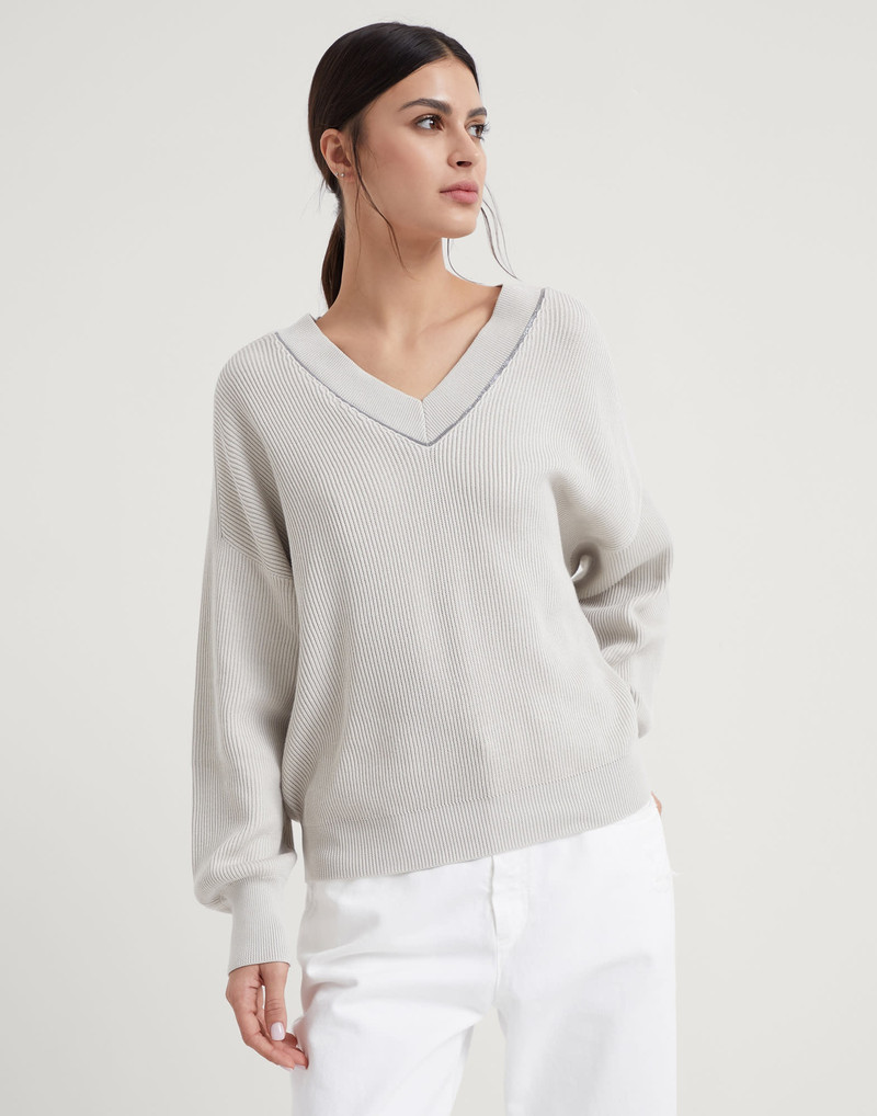 Cotton English rib sweater with shiny neckline 1