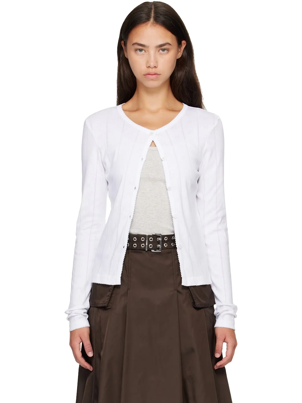 White Pointelle Cotton Cardigan - 1