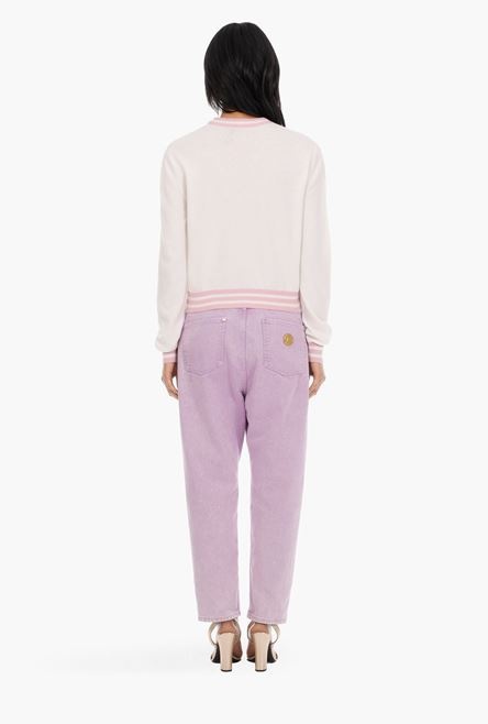 Cropped white wool and cashmere sweater with light pink Balmain logo - 3