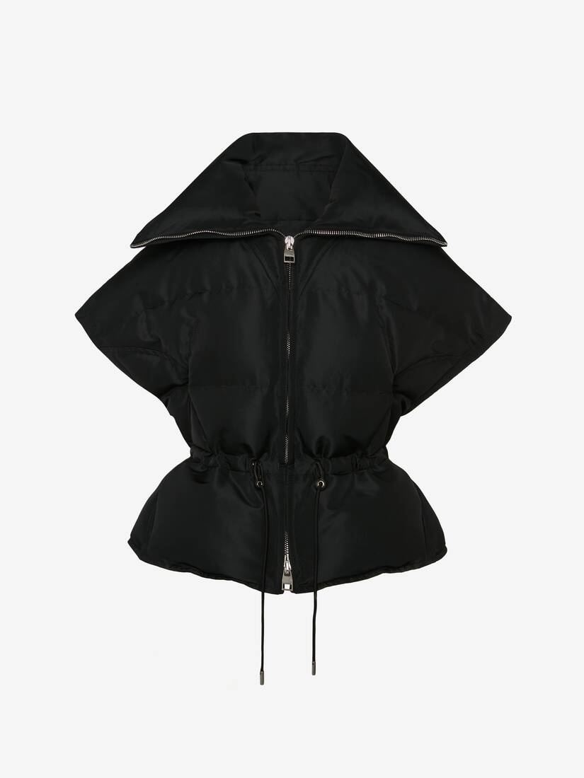 Women's Sleeveless Waisted Puffer Jacket in Black - 1