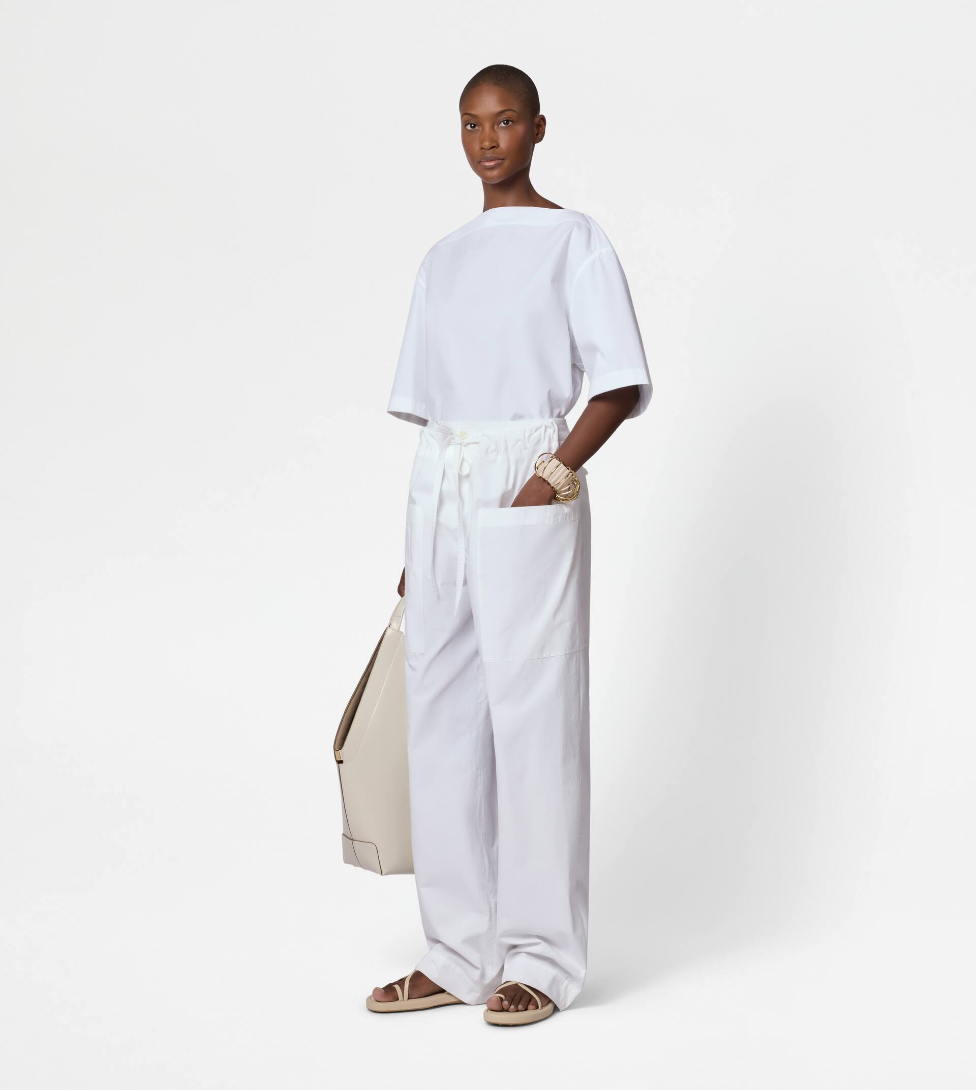 PANTS IN POPLIN WITH DRAWSTRING - WHITE - 2
