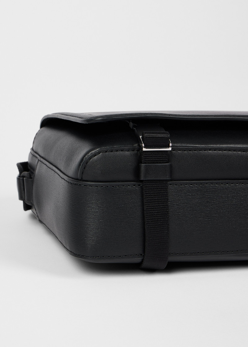 Black Straw-Grain Embossed Leather Messenger Bag 7