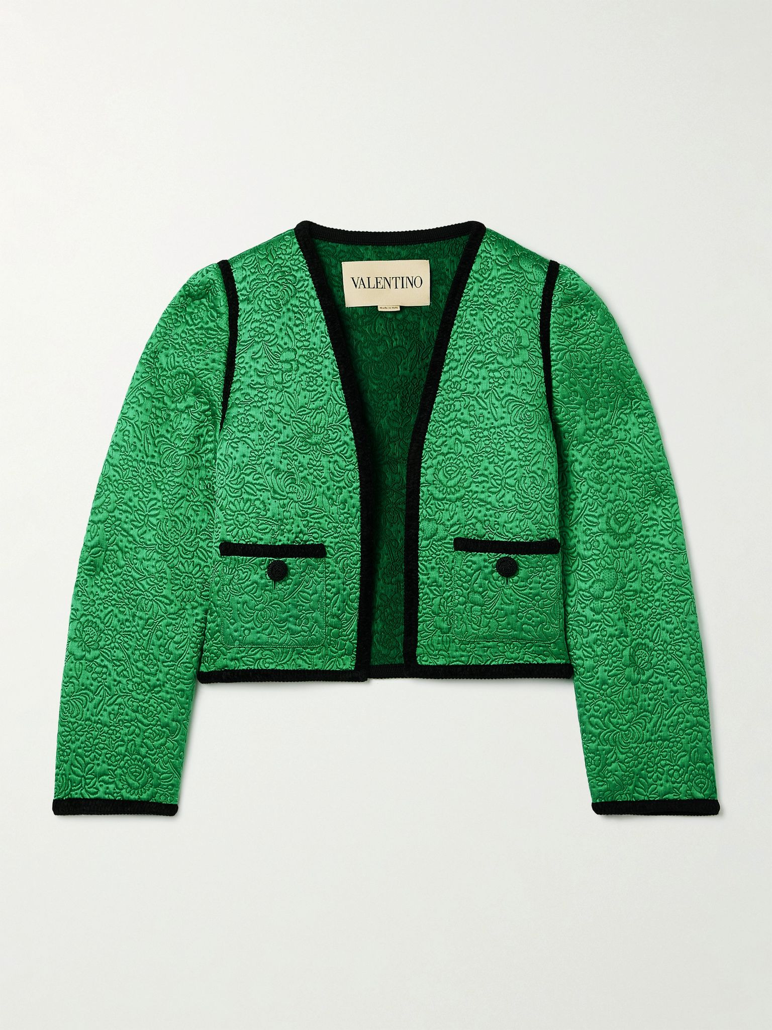 Velvet-trimmed floral-jacquard wool and silk-blend satin jacket Green - 1
